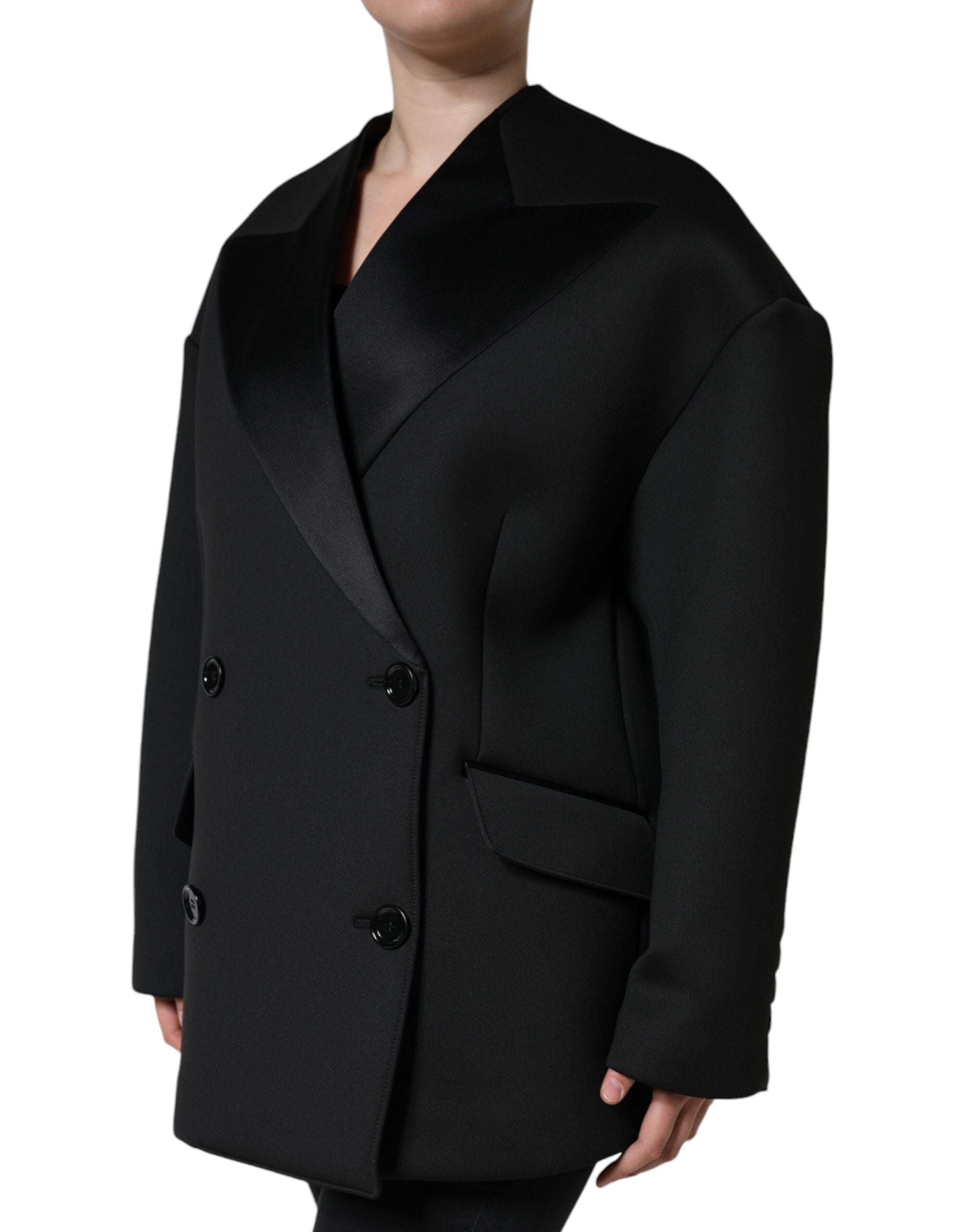 Dolce & Gabbana Black Polyester Double-Breasted Coat Jacket-3