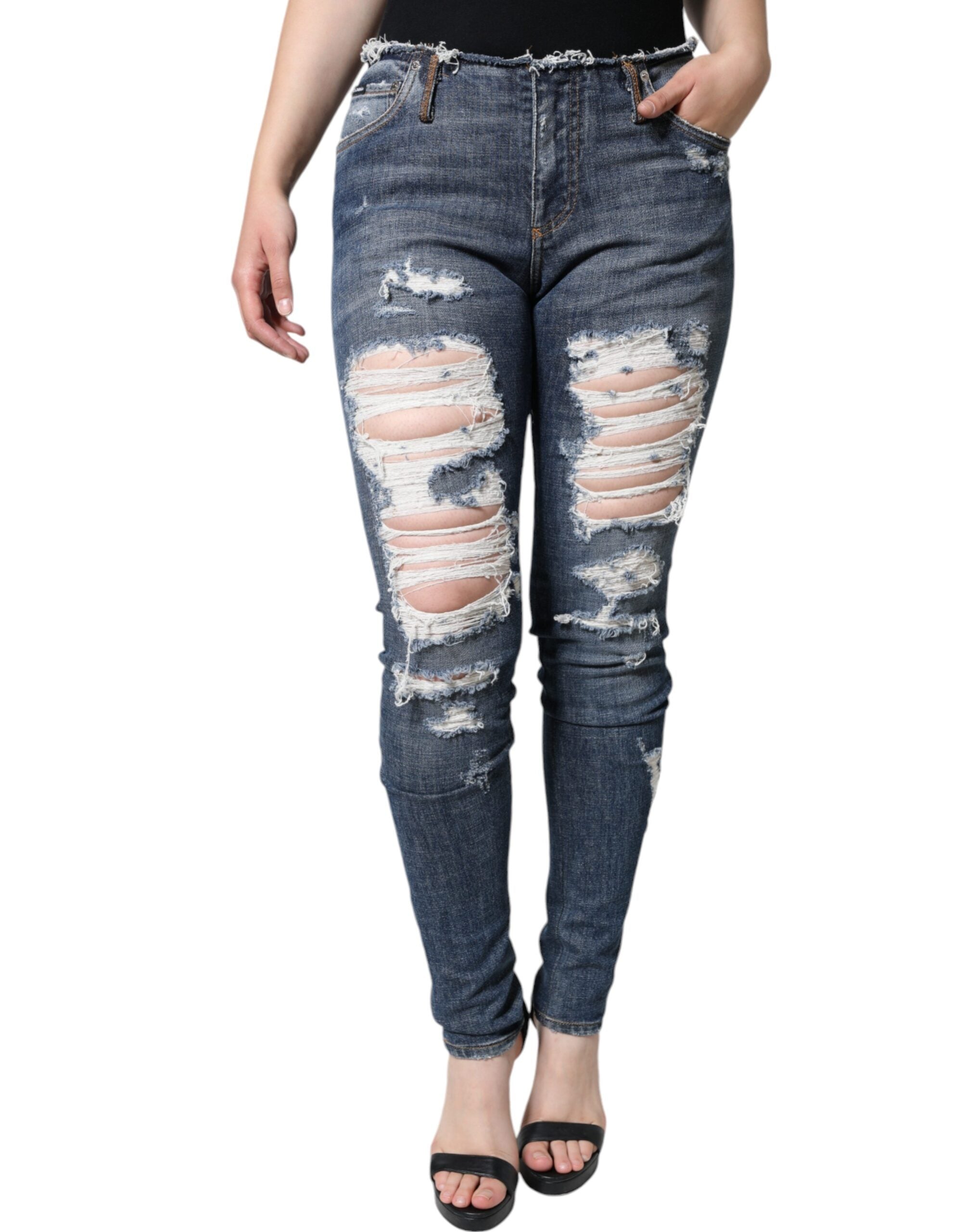 Dolce & Gabbana Blaue Baumwoll-Stretch-Skinny-Jeans mit Fransen-2