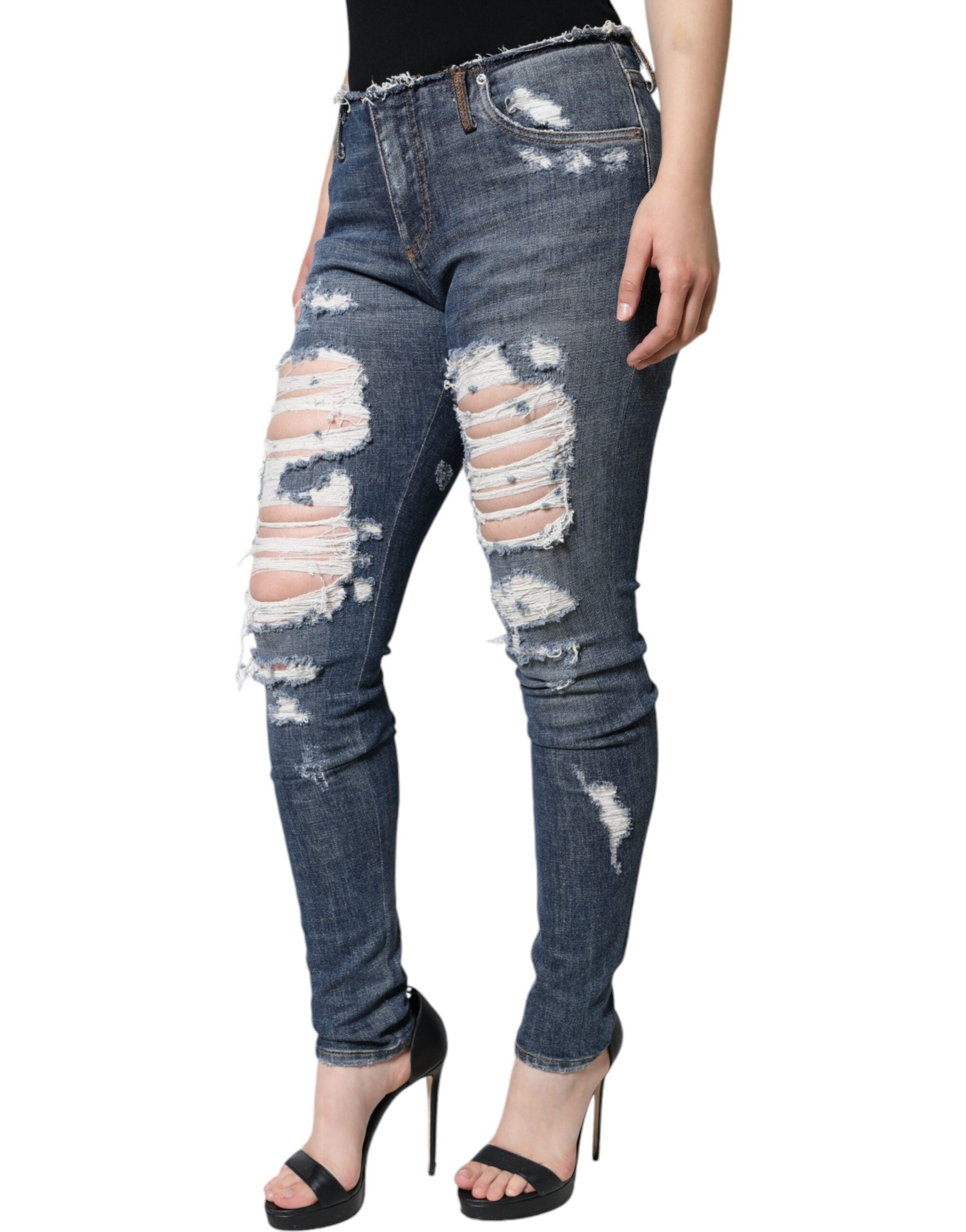 Dolce & Gabbana Blaue Baumwoll-Stretch-Skinny-Jeans mit Fransen-3
