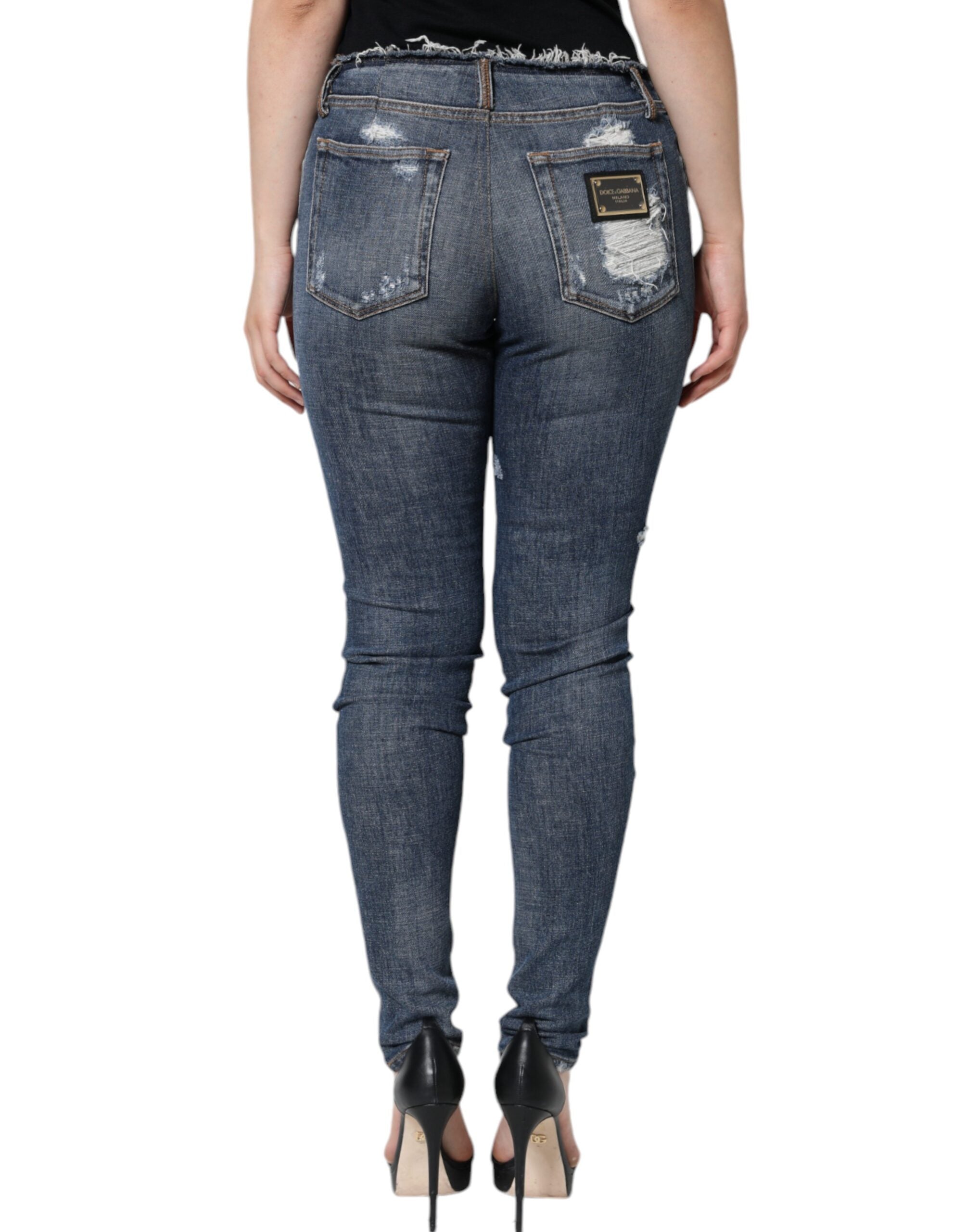 Dolce & Gabbana Blaue Baumwoll-Stretch-Skinny-Jeans mit Fransen-4
