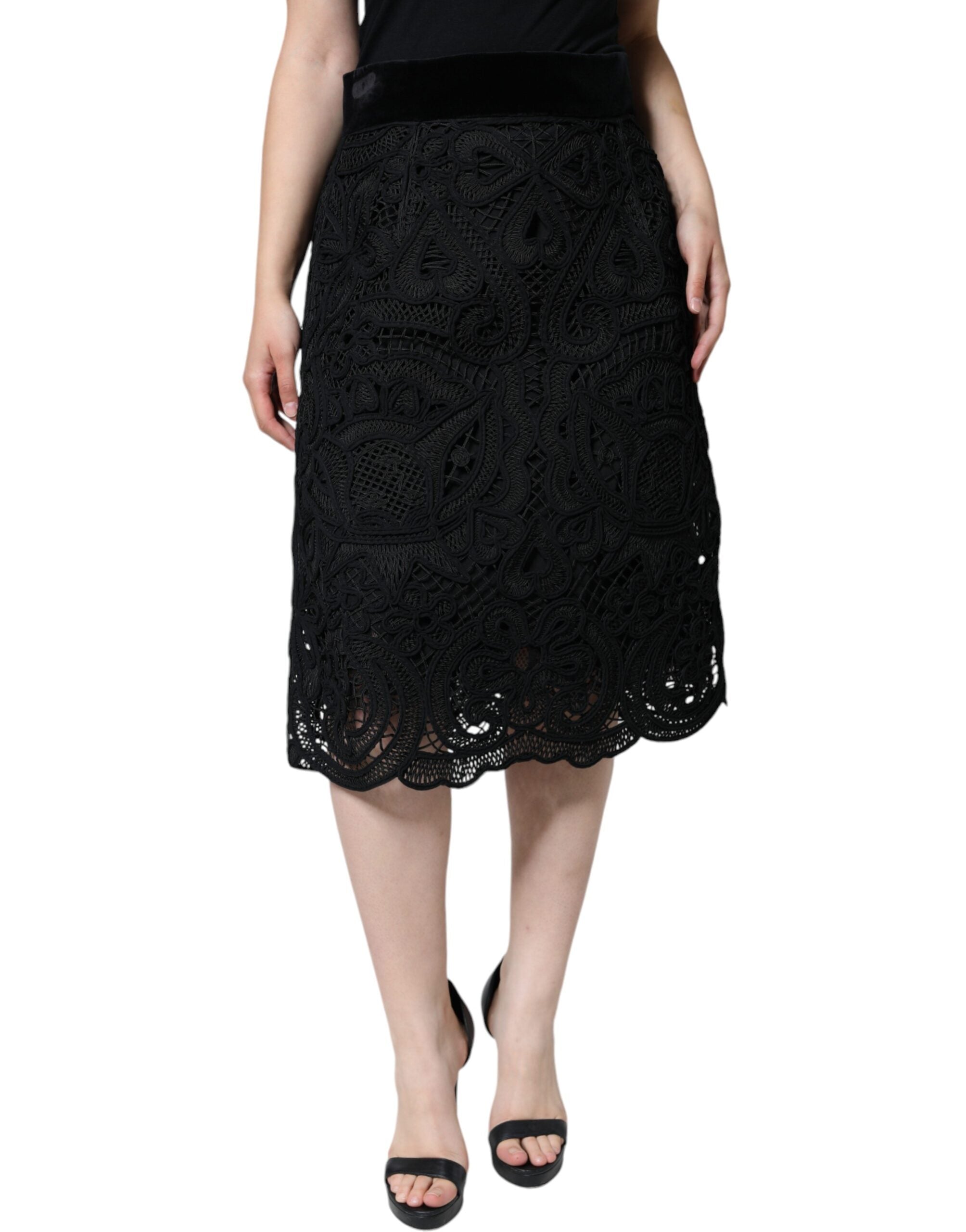 Falda lápiz negra Dolce & Gabbana con encaje floral y cintura alta-7