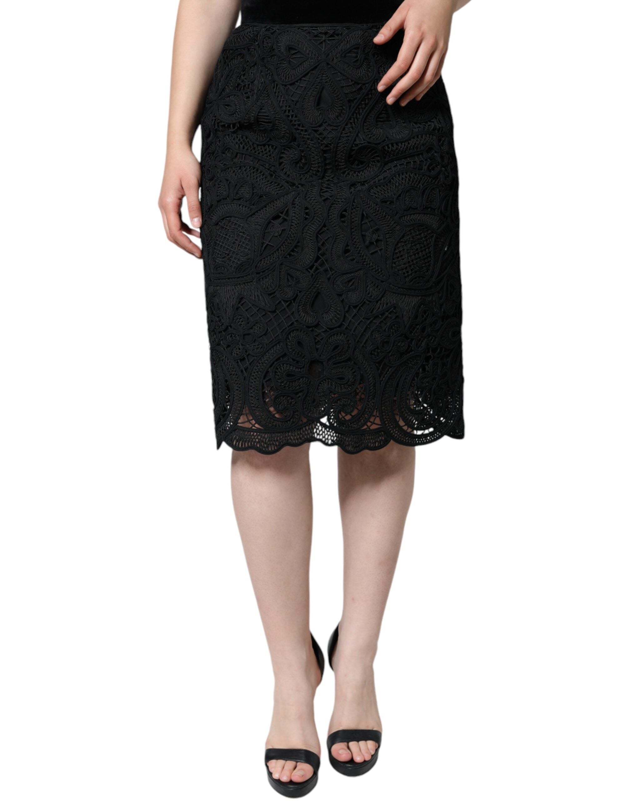 Dolce & Gabbana Black Floral Lace High-Waisted Pencil Skirt