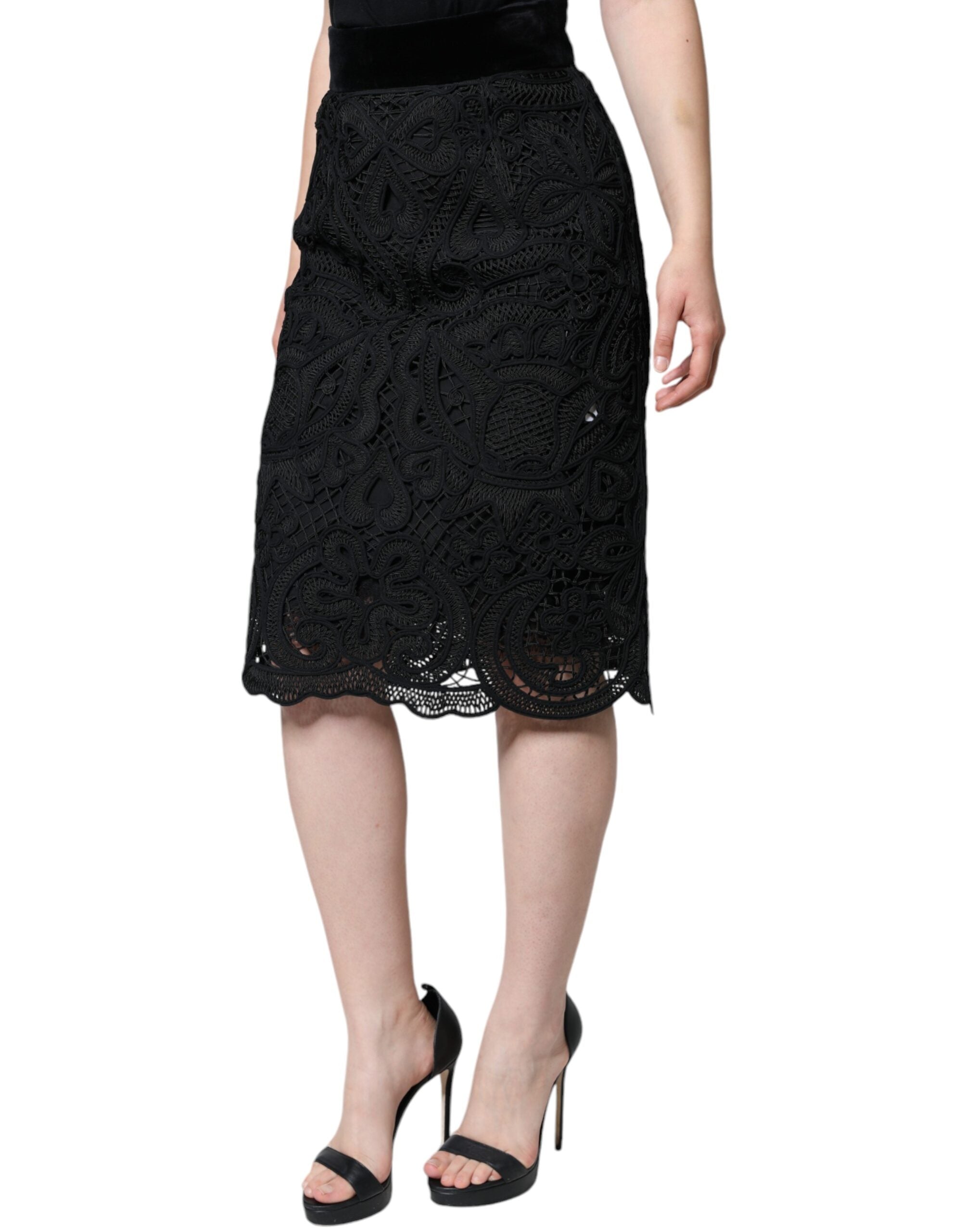 Dolce & Gabbana Schwarzer floraler Spitzen-Bleistiftrock mit hoher Taille-3