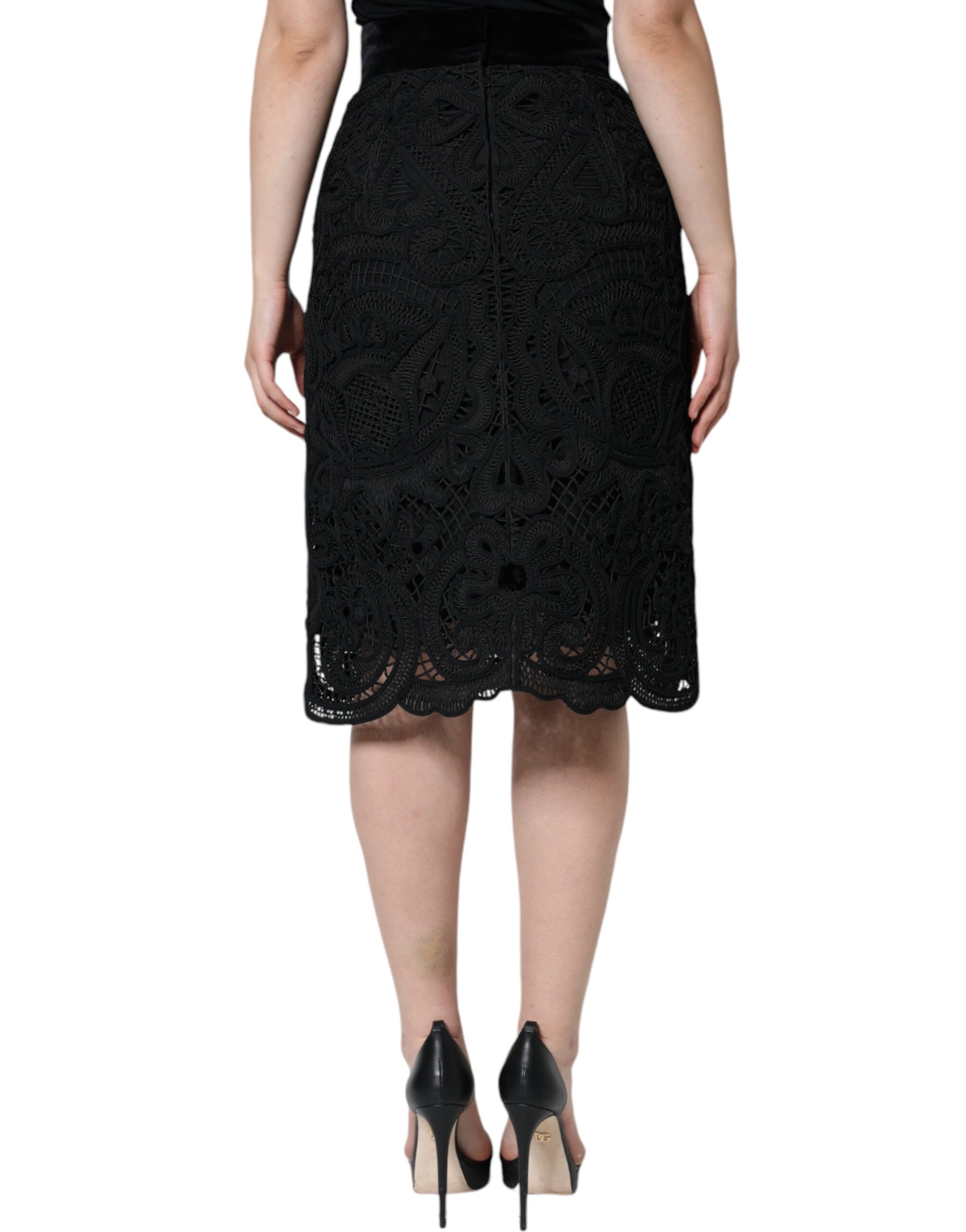Dolce & Gabbana Schwarzer floraler Spitzen-Bleistiftrock mit hoher Taille-4