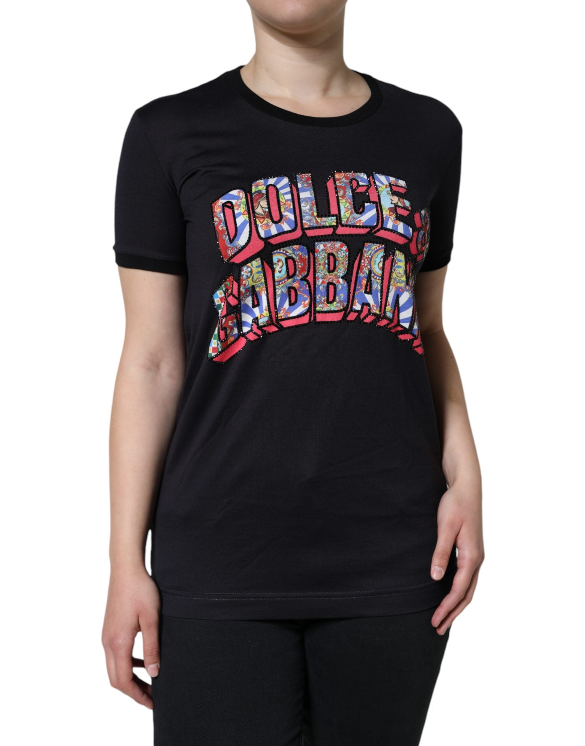 Dolce & Gabbana Schwarzes T-Shirt mit Rundhalsausschnitt und Logodruck aus Baumwolle-2