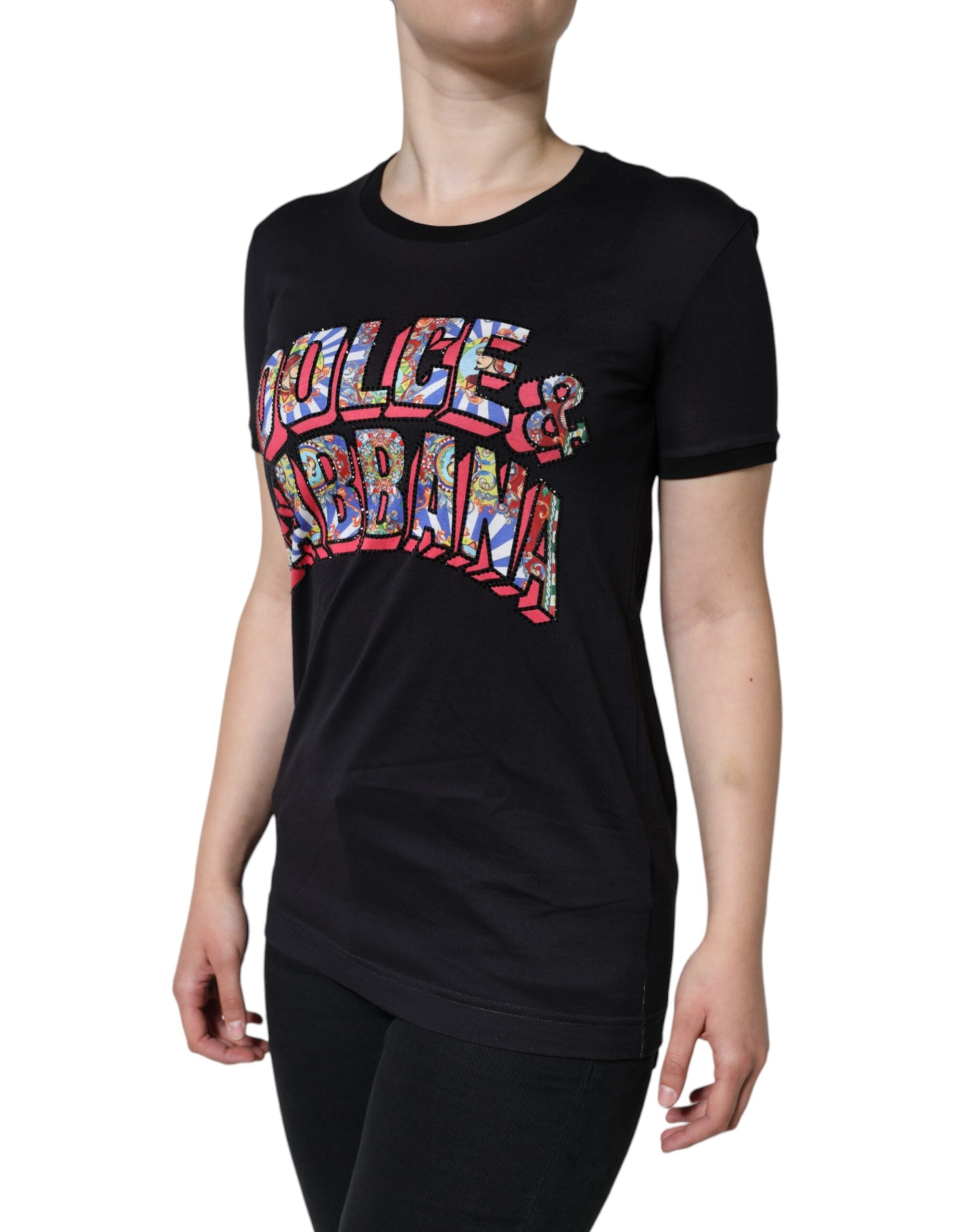 Dolce & Gabbana Schwarzes T-Shirt mit Rundhalsausschnitt und Logodruck aus Baumwolle-3