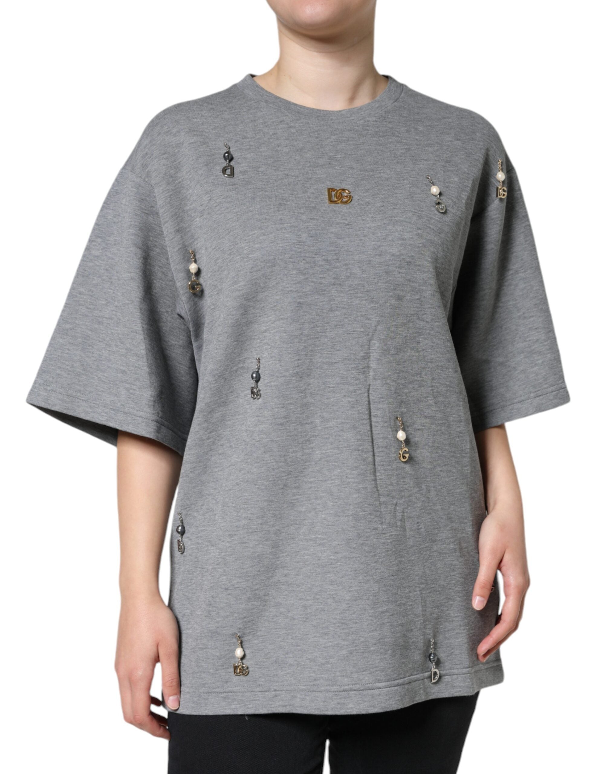 Dolce & Gabbana Graues T-Shirt aus Baumwollmischung mit Verzierungen-2