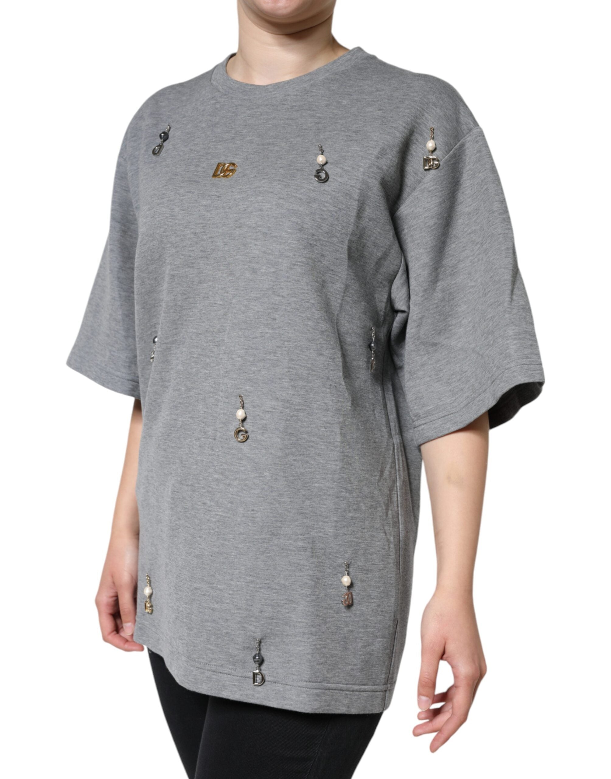 Dolce & Gabbana Graues T-Shirt aus Baumwollmischung mit Verzierungen-3