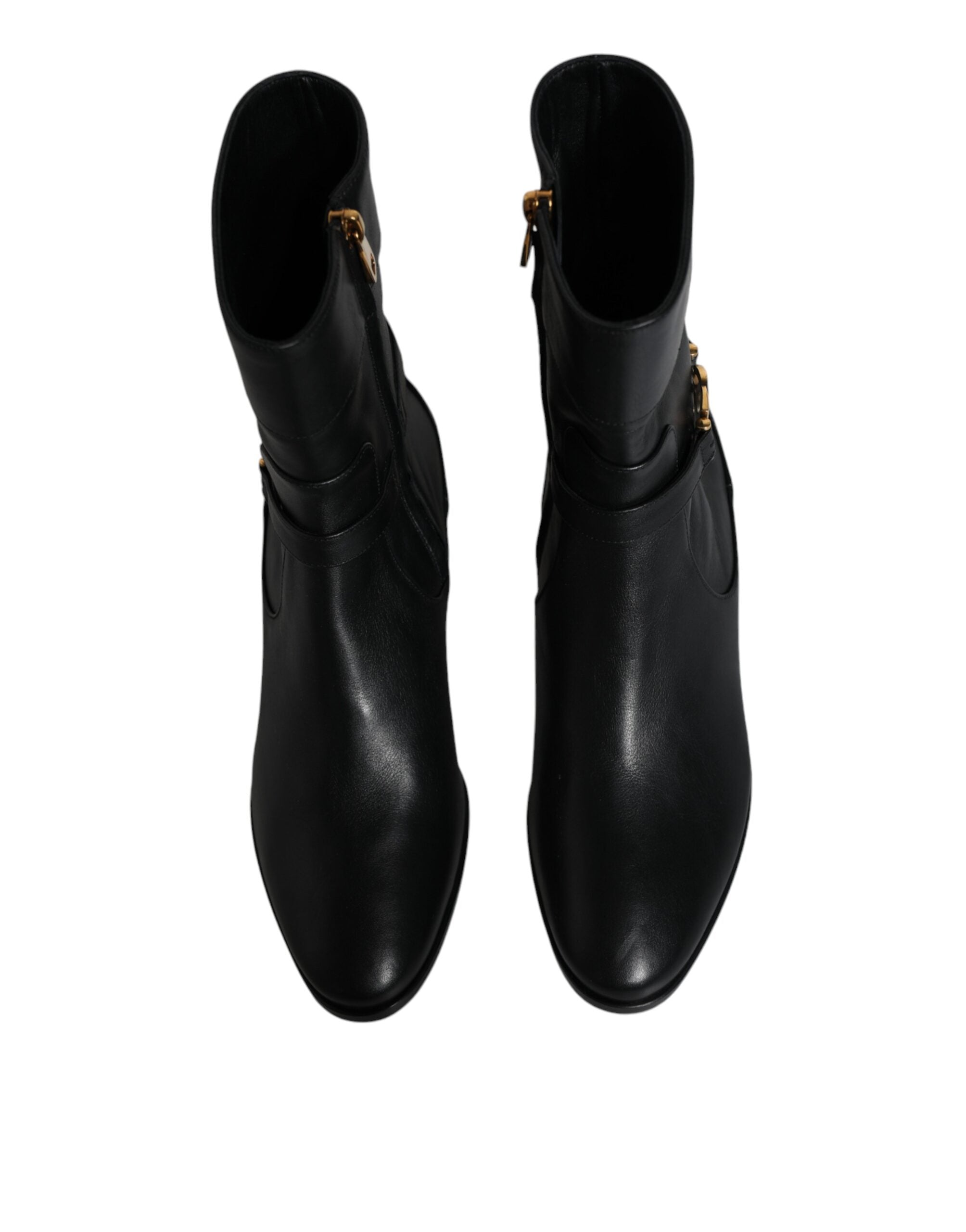 Dolce & Gabbana Schwarzes Leder Logo Mid Calf Stiefel Schuhe-3