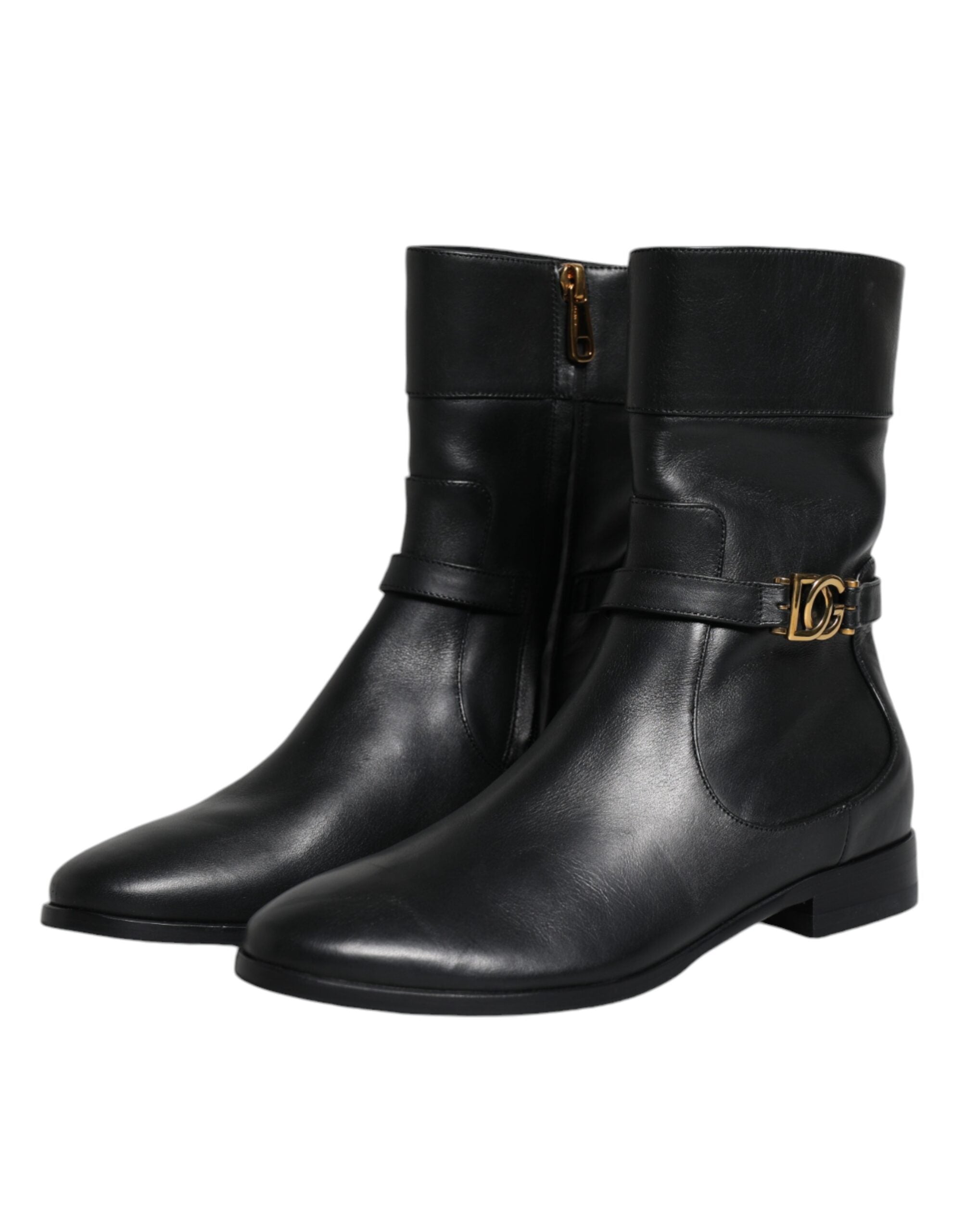 Dolce & Gabbana Schwarzes Leder Logo Mid Calf Stiefel Schuhe-4