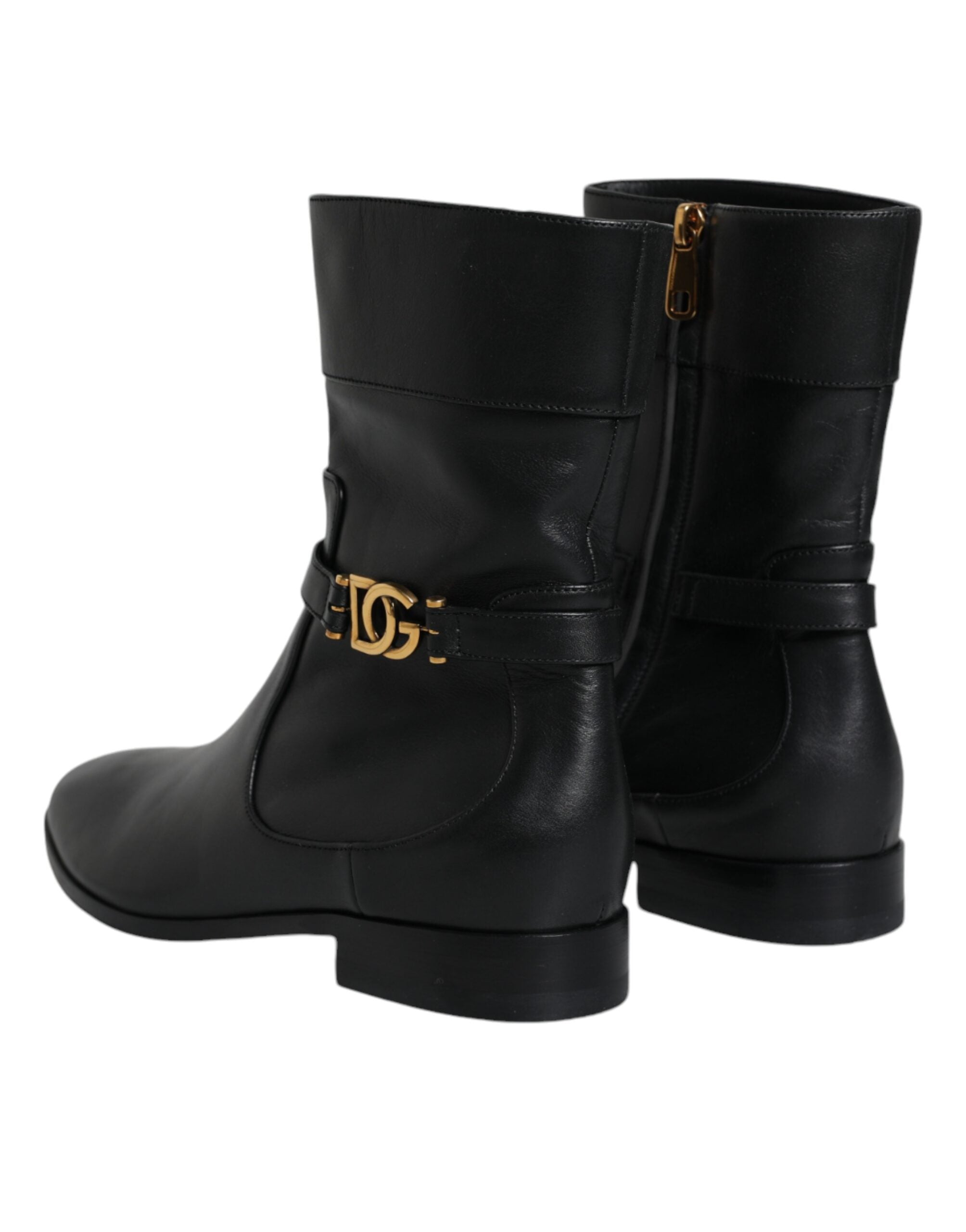 Dolce & Gabbana Schwarzes Leder Logo Mid Calf Stiefel Schuhe-5