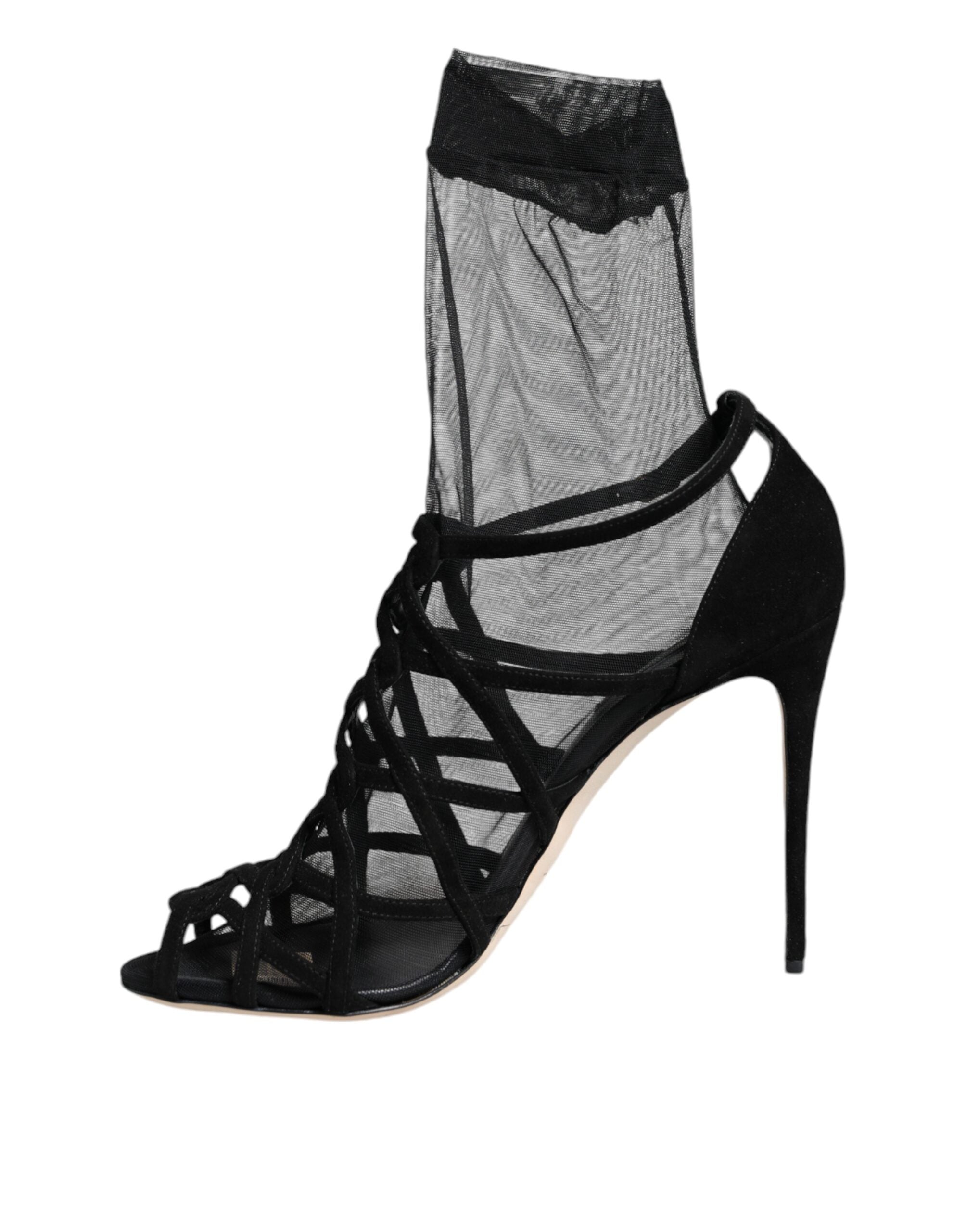 Dolce & Gabbana Black Tulle Stretch Heels Sandals Shoes-5