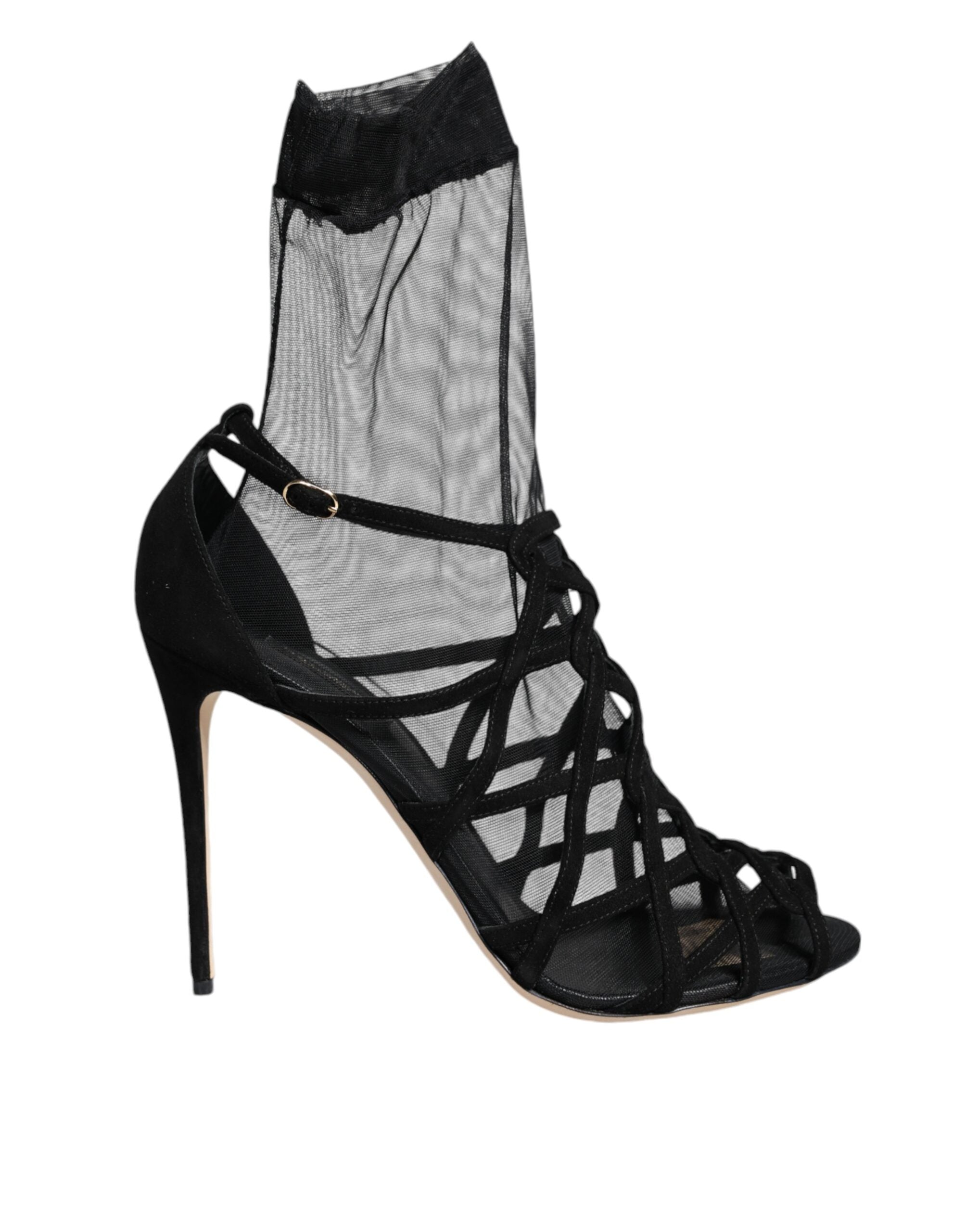 Dolce & Gabbana Black Tulle Stretch Heels Sandals Shoes-1