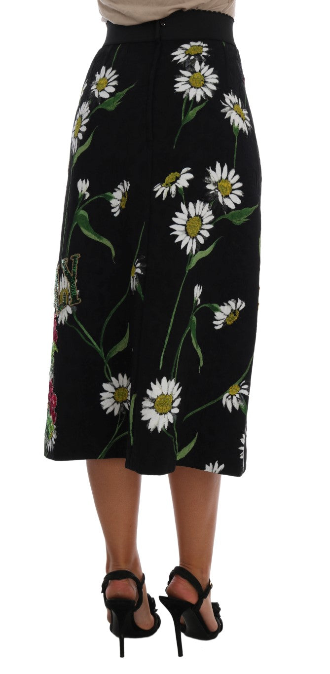 Dolce & Gabbana Black Embellished Daisy Brocade Skirt-3