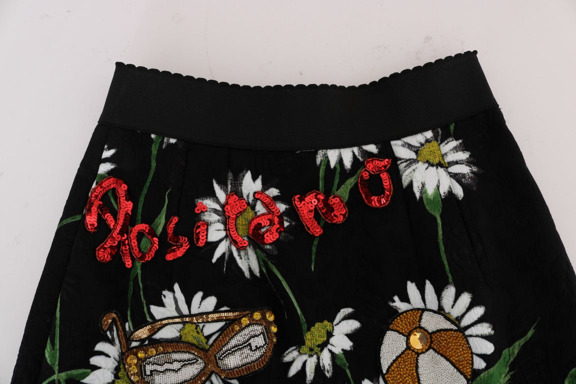 Dolce & Gabbana Black Embellished Daisy Brocade Skirt-4