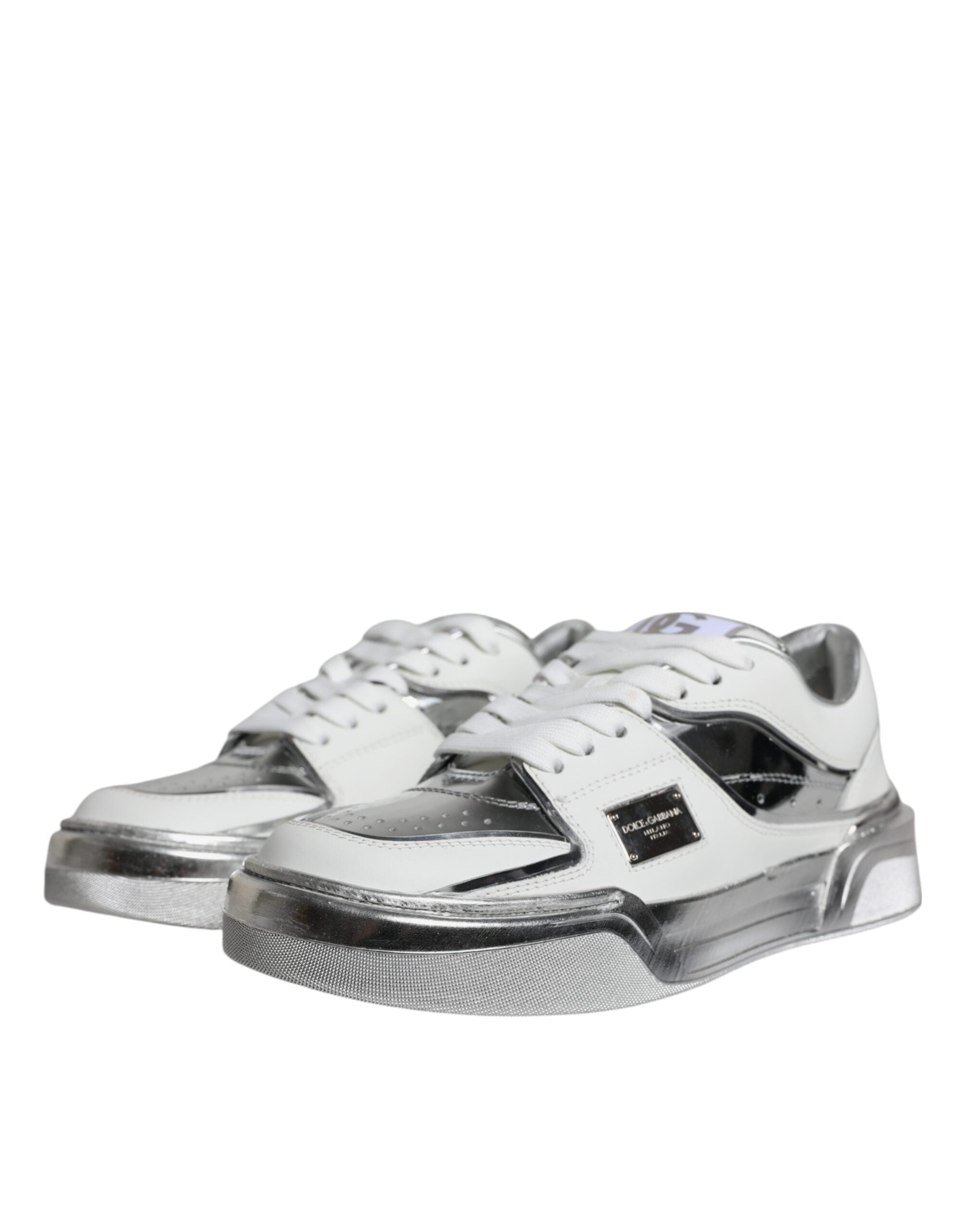 Dolce & Gabbana Weiß Silber Leder Low Top Sneakers Schuhe-3