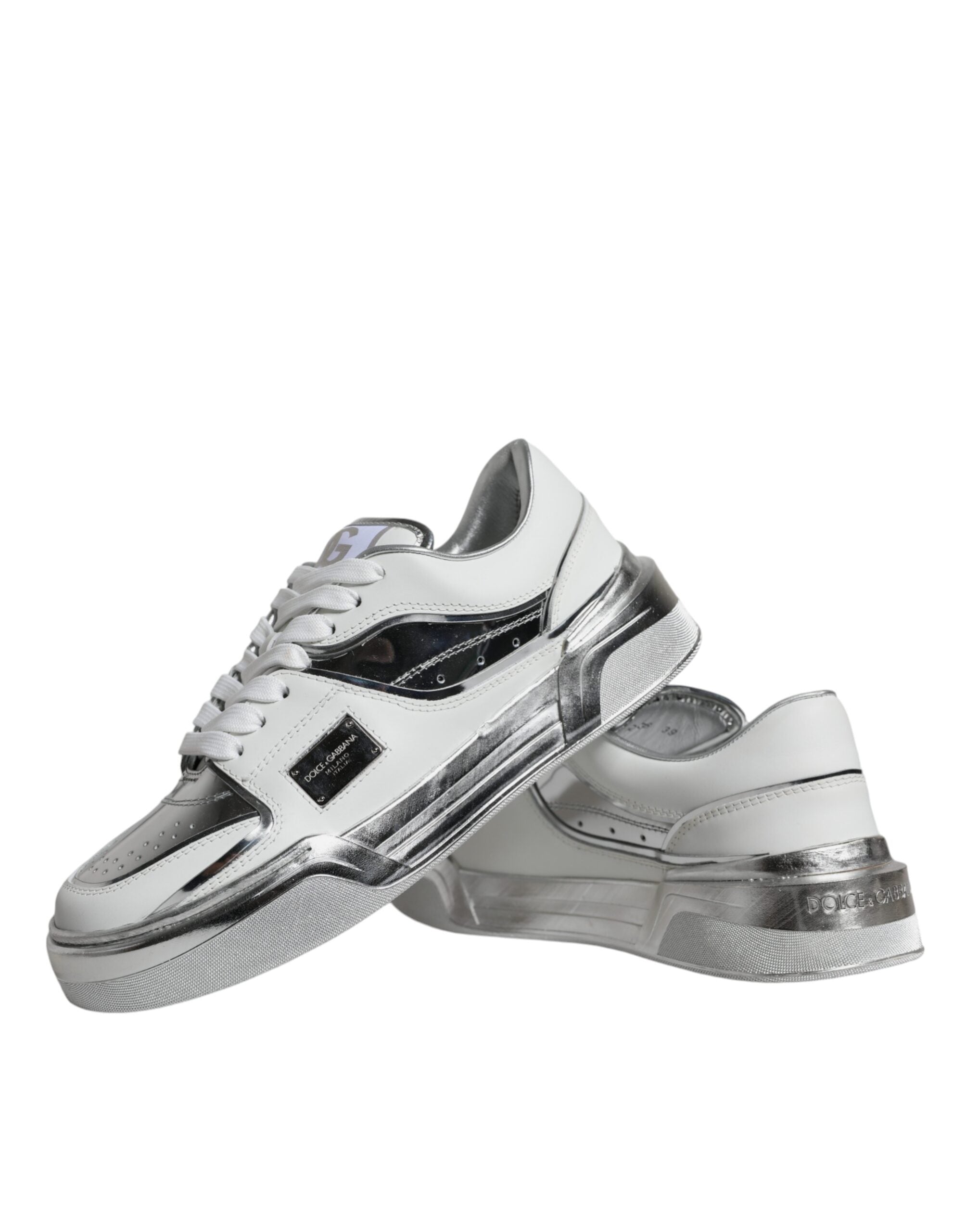 Dolce & Gabbana Weiß Silber Leder Low Top Sneakers Schuhe-7