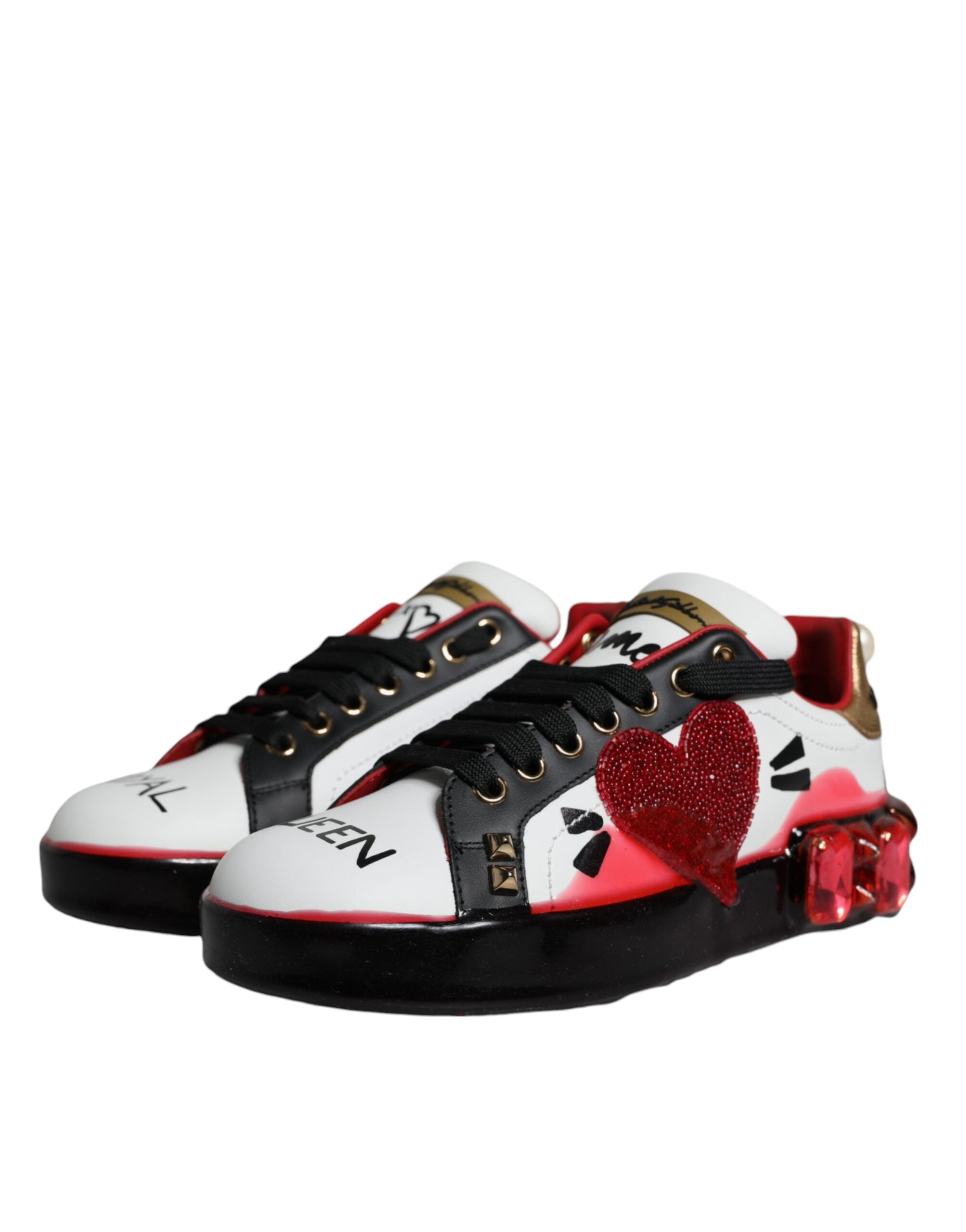 Dolce & Gabbana White Red Crystals Leather Portofino Sneakers Shoes-3