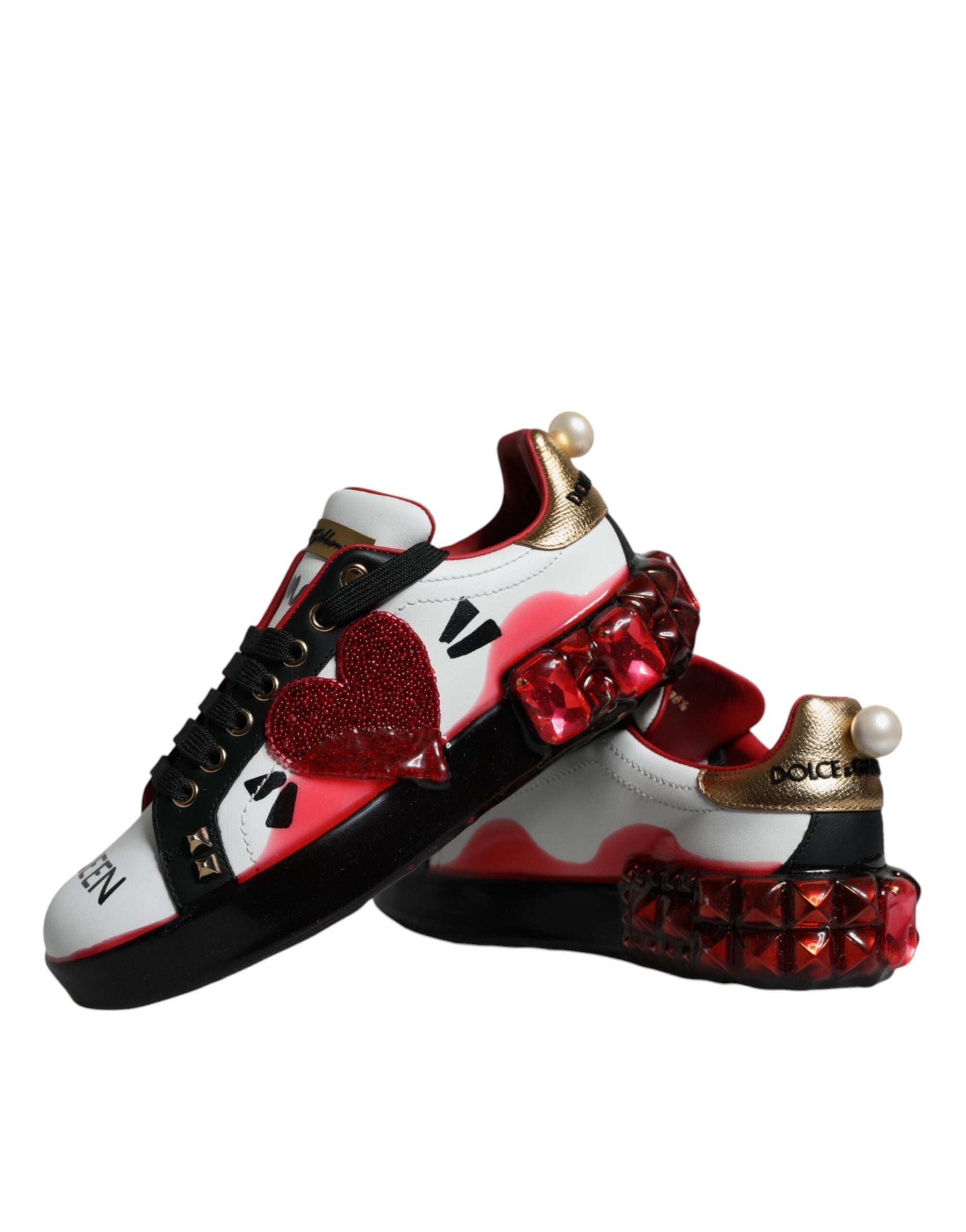 Dolce & Gabbana White Red Crystals Leather Portofino Sneakers Shoes-7