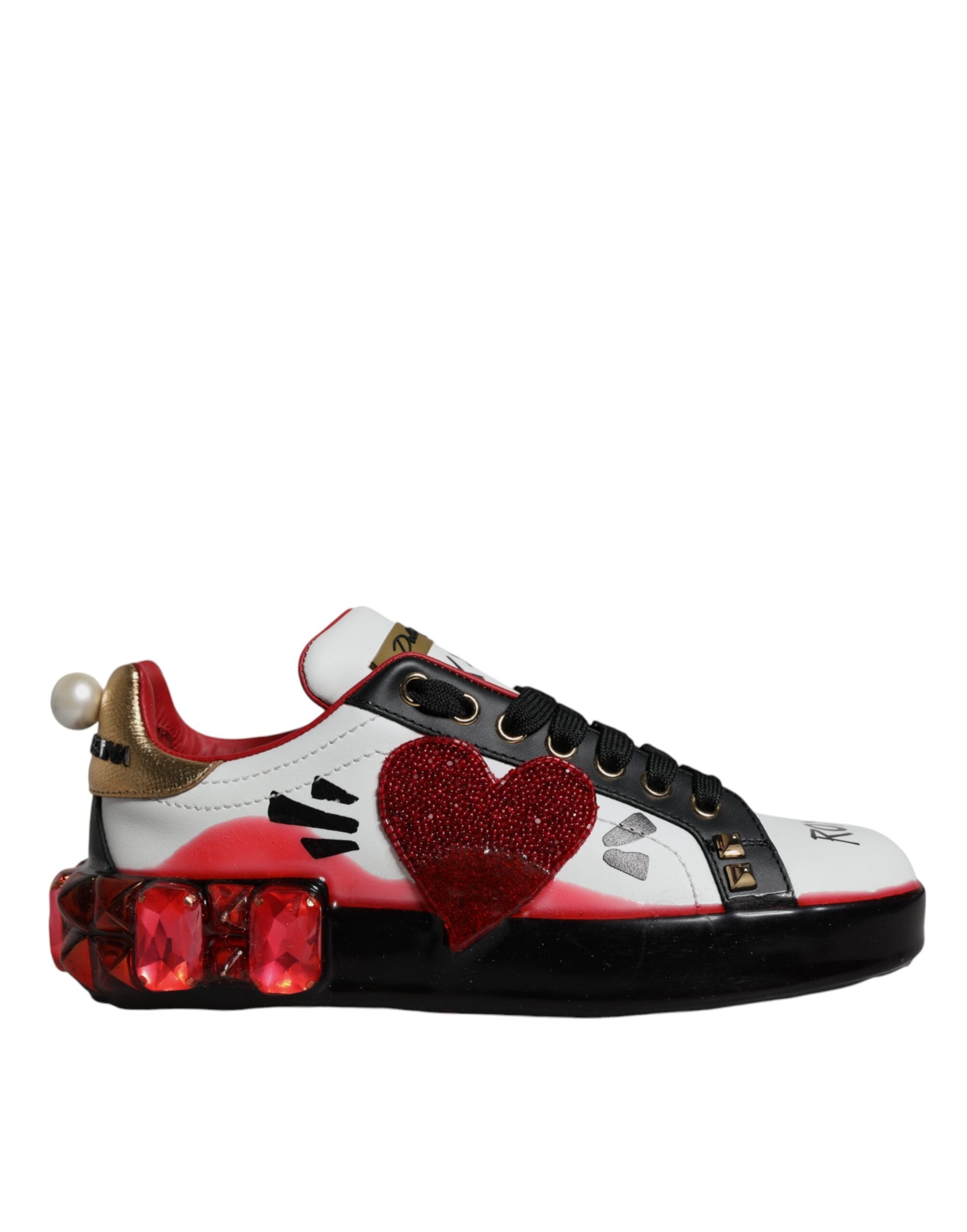 Dolce & Gabbana White Red Crystals Leather Portofino Sneakers Shoes-1
