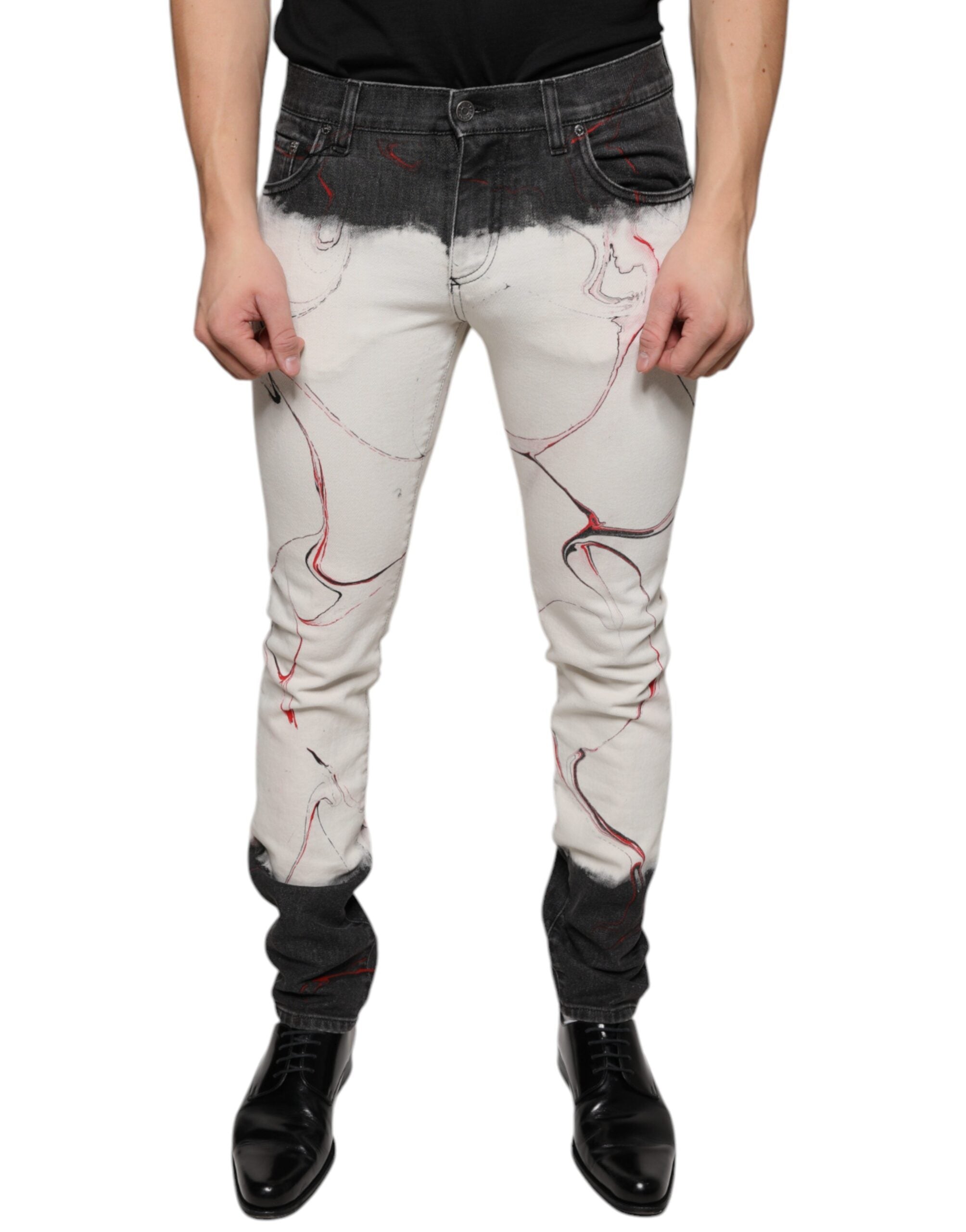 Dolce & Gabbana Black and White Printed Skinny Denim Jeans for Men
