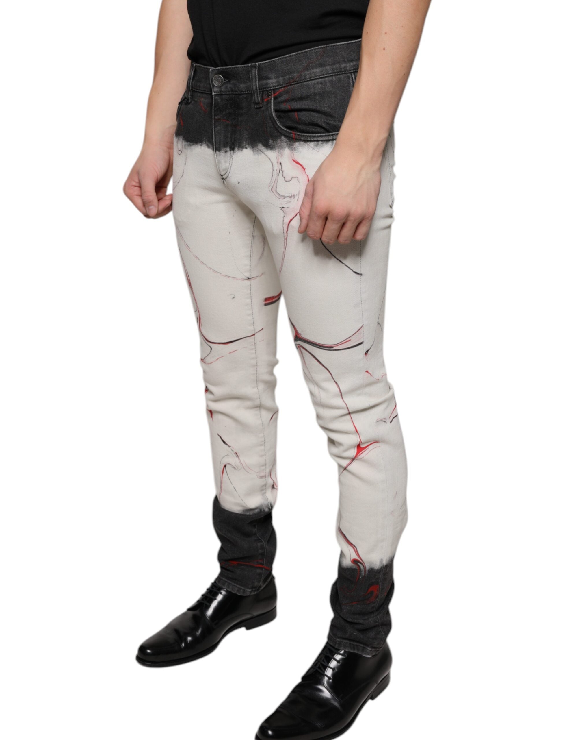 Dolce & Gabbana Black and White Printed Skinny Denim Jeans for Men-3