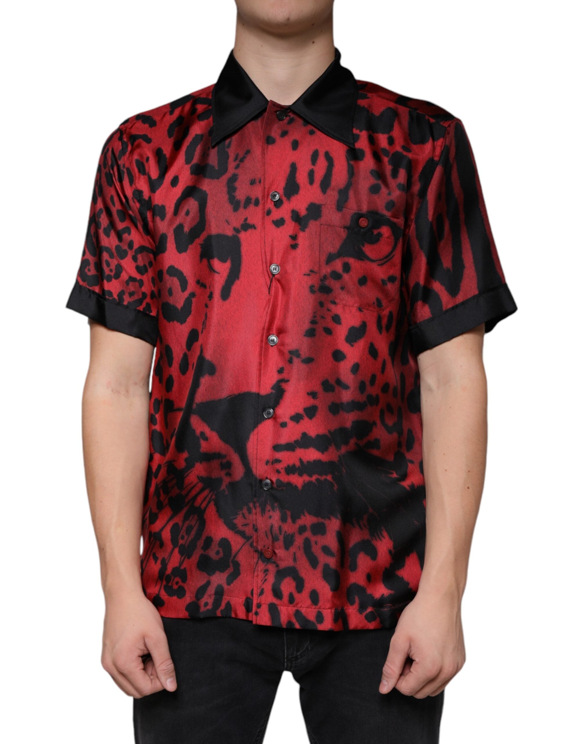 Dolce & Gabbana Red Leopard Silk Button-Down Shirt Casual Shirt-1