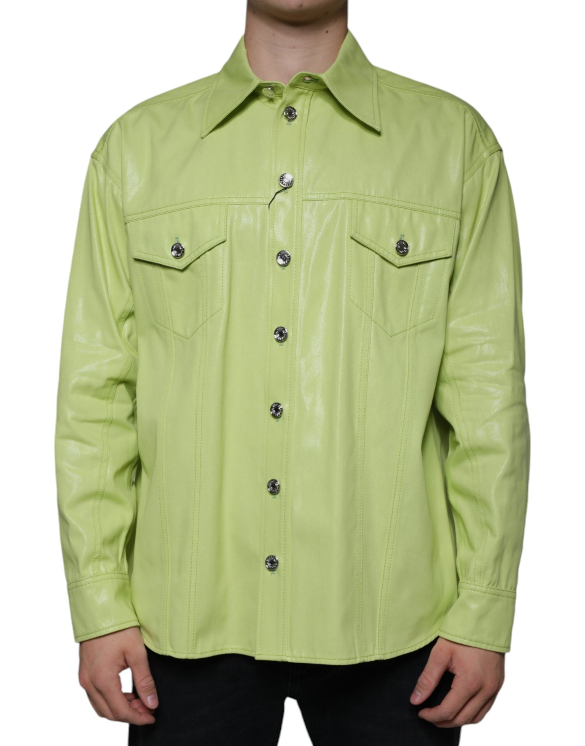 Dolce & Gabbana Green Cotton Collar Shirt with Button Placket for Men