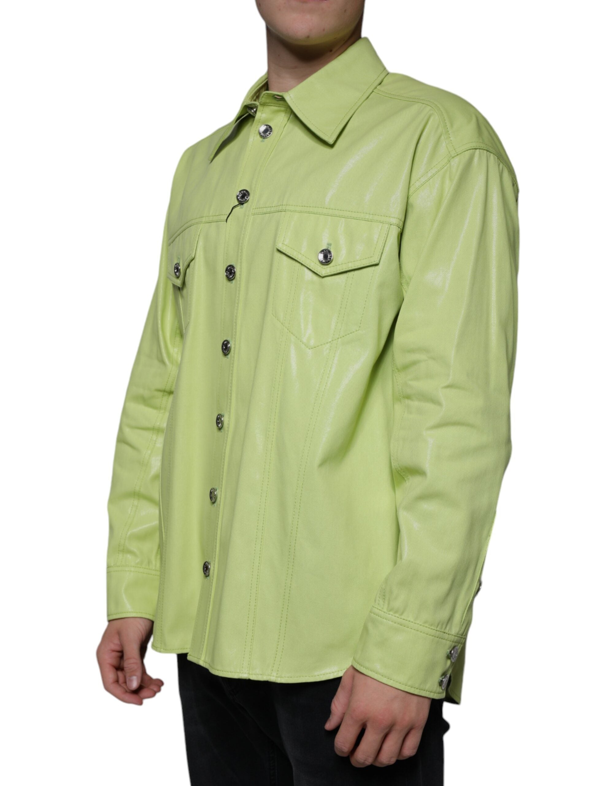 Dolce & Gabbana Green Cotton Collar Shirt with Button Placket for Men-3