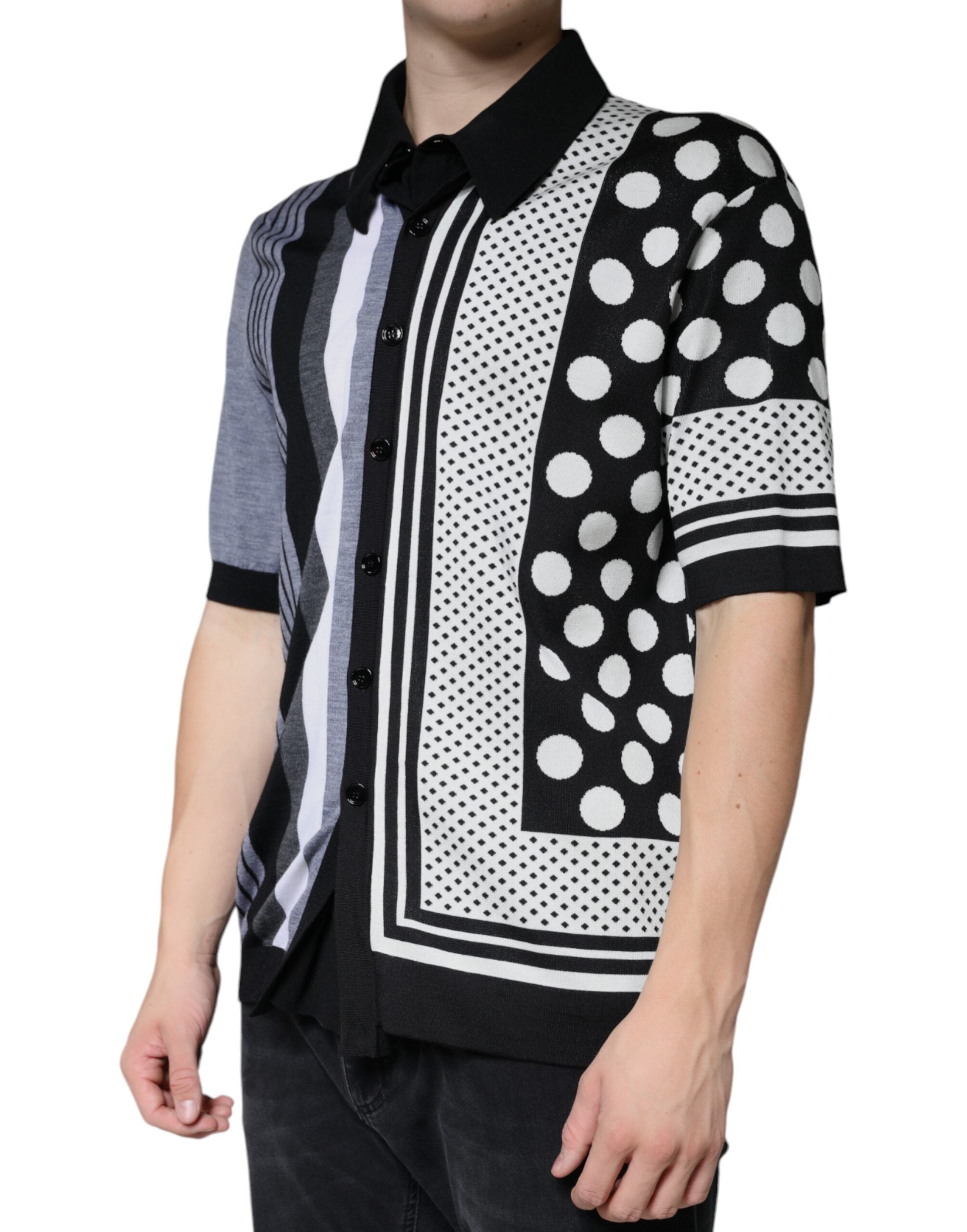 Dolce & Gabbana black and white polka dot polo shirt with collar-3