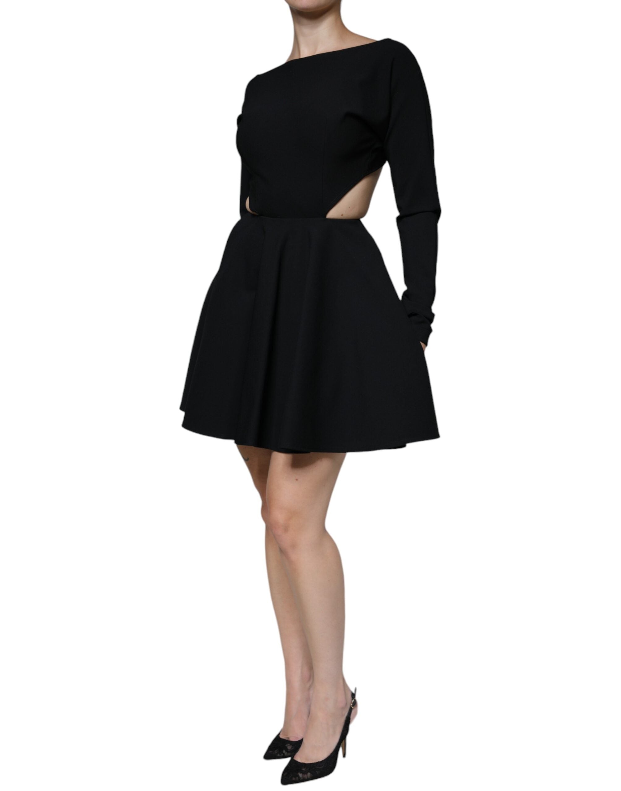 Dolce & Gabbana Schwarzes Minikleid aus Viskose mit langen Ärmeln und Ausschnitt-3