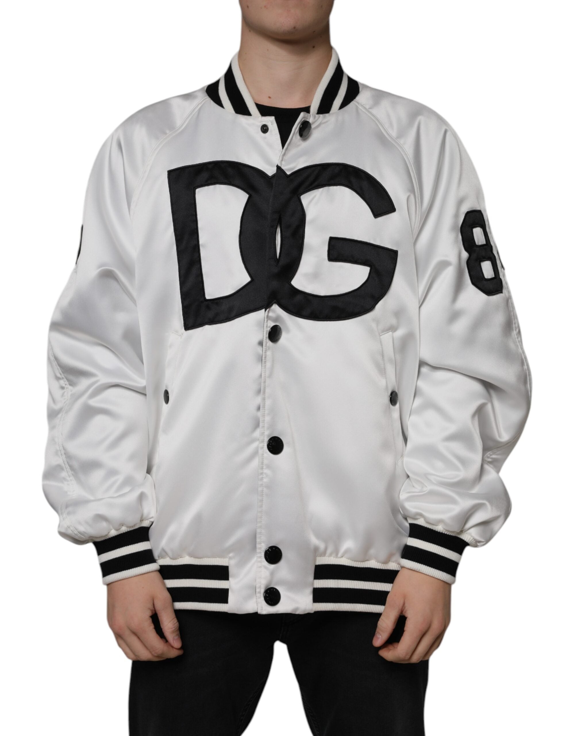 Dolce & Gabbana White Polyester Logo Bomber Jacket with Full Zip
