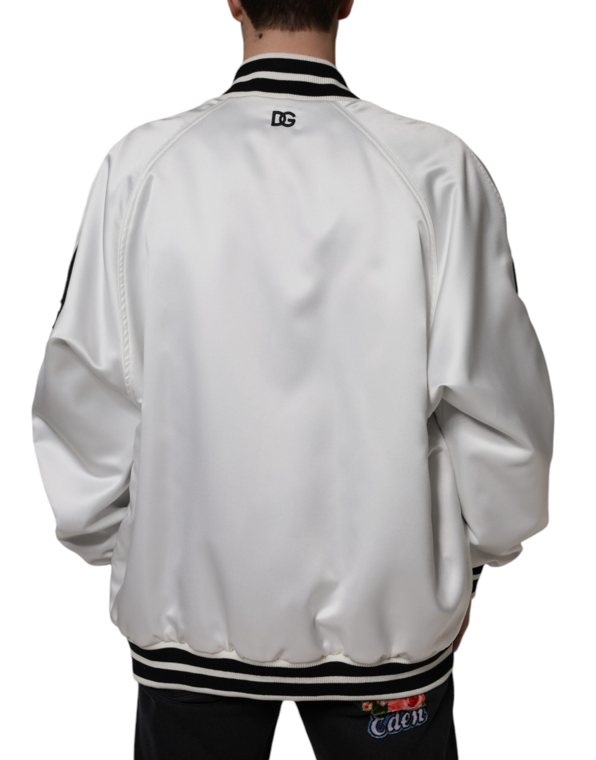 Dolce & Gabbana White Polyester Logo Bomber Jacket with Full Zip-4