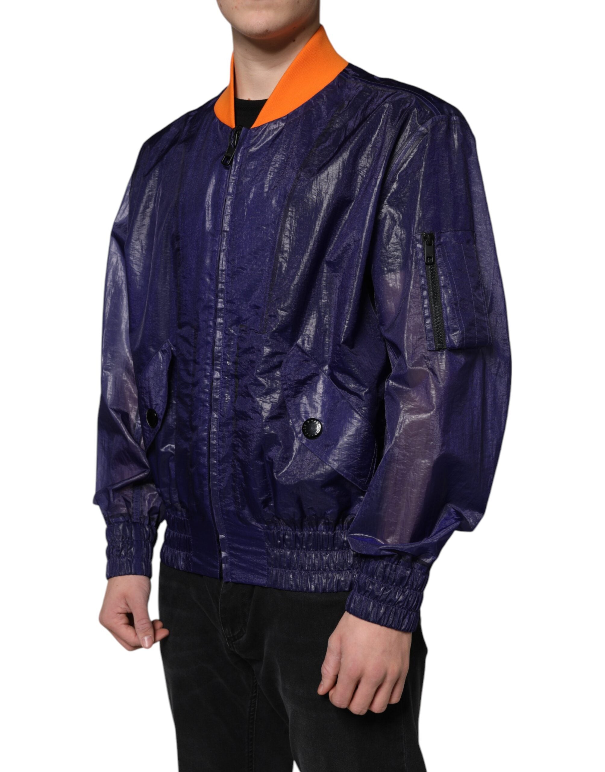 Dolce & Gabbana Blue Cotton Stretch Bomber Jacket with Full Zip-3