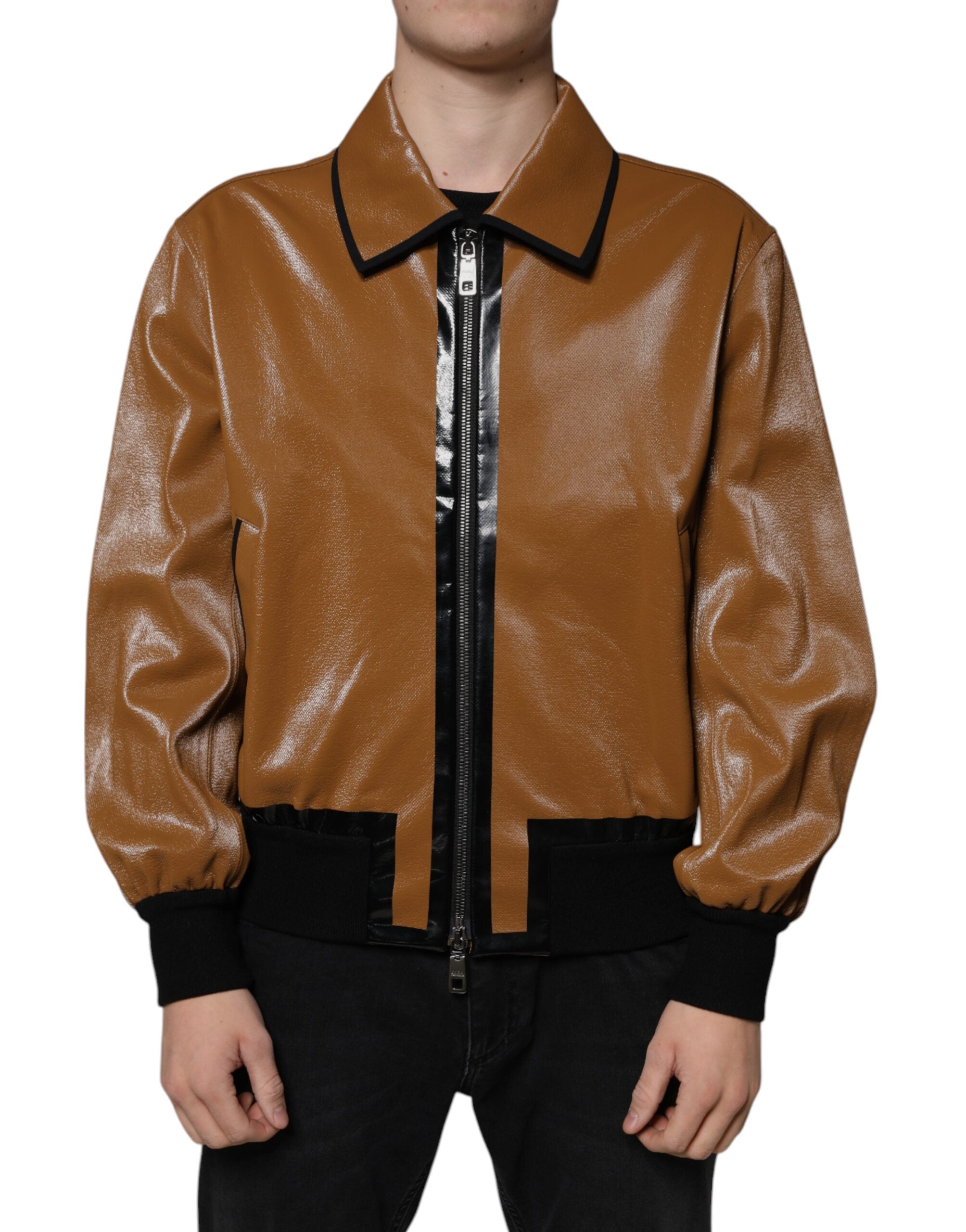 Dolce & Gabbana brown leather bomber jacket with zipper for men