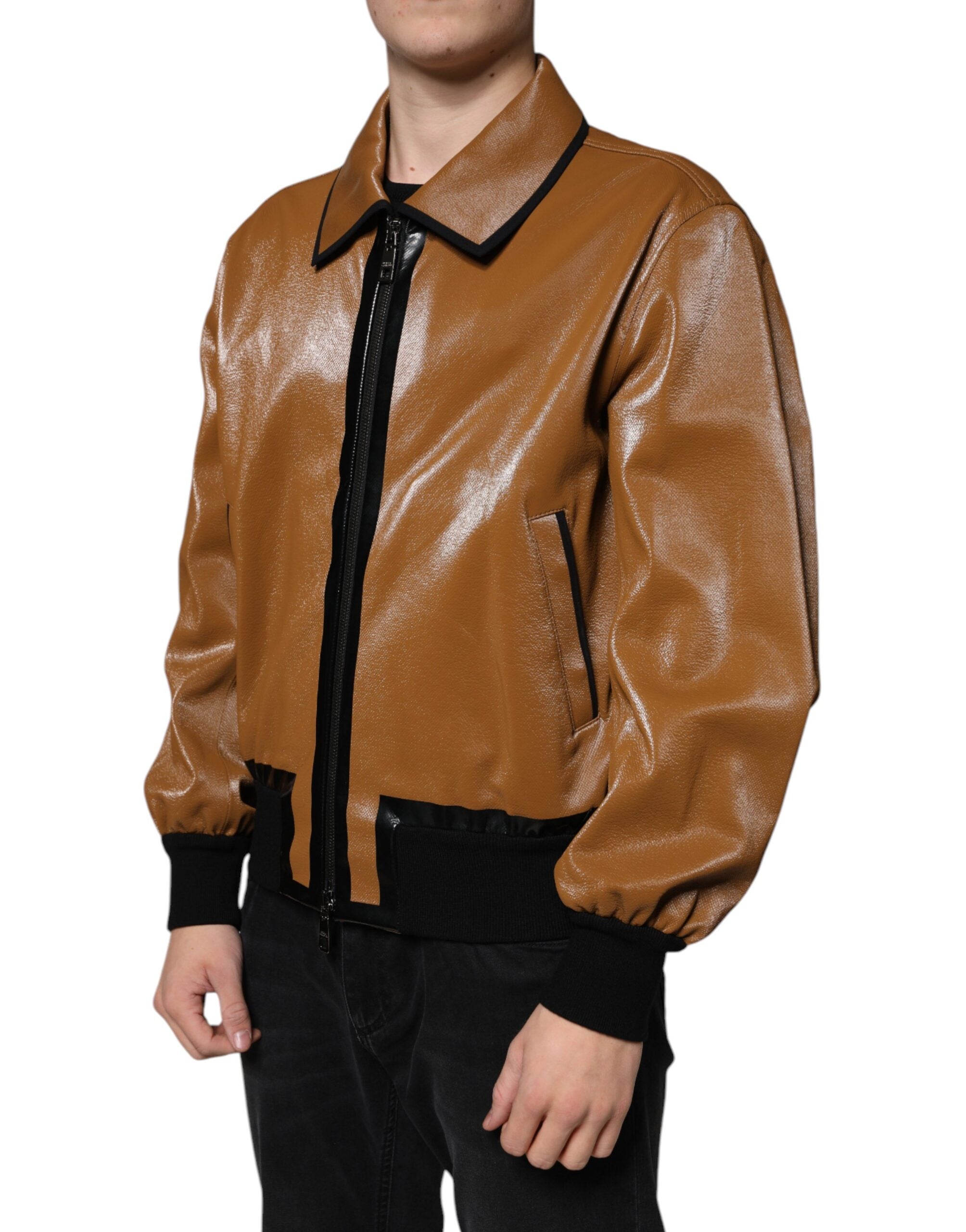 Dolce & Gabbana brown leather bomber jacket with zipper for men-3