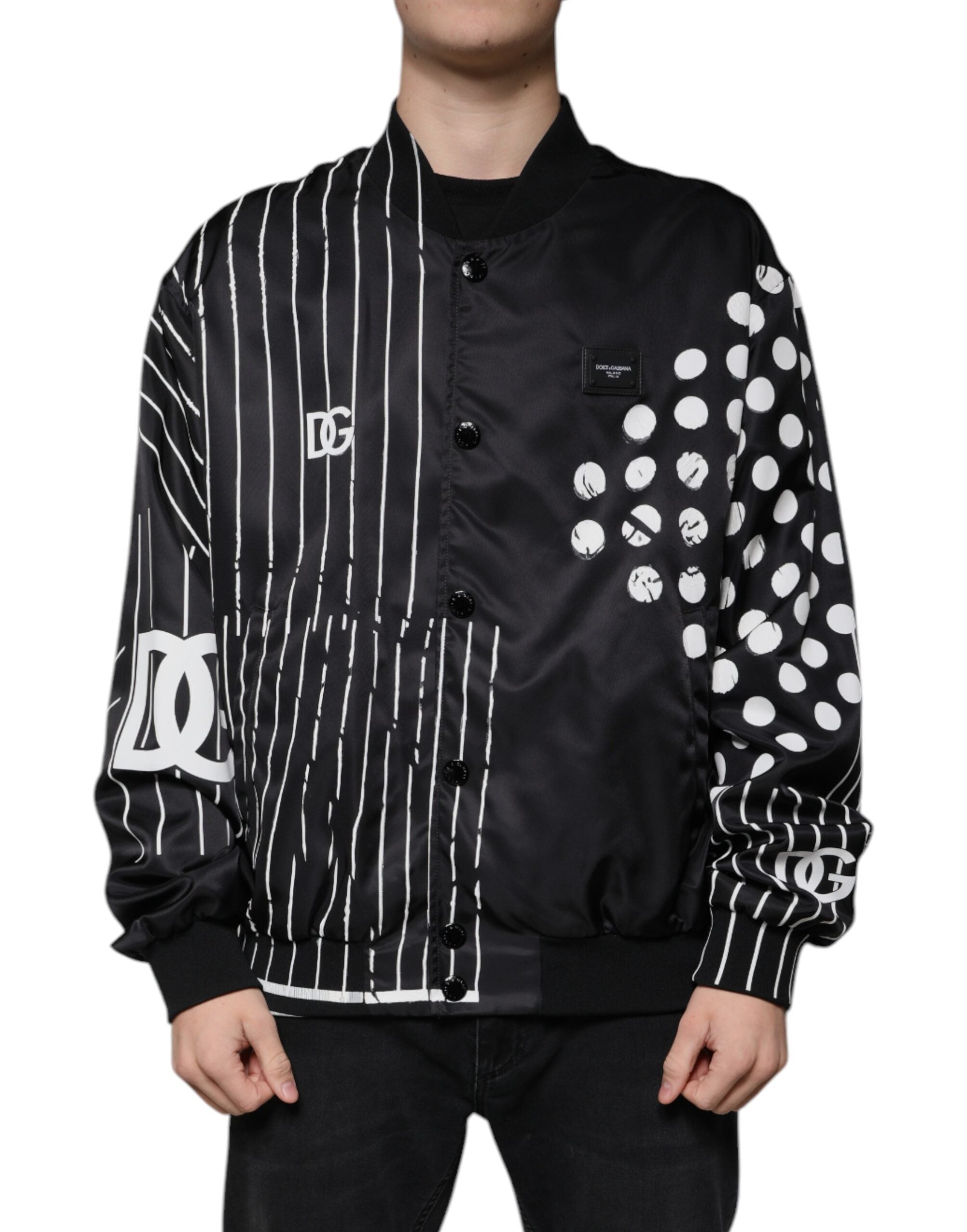 Dolce & Gabbana Black nylon bomber jacket with polka dot stripes