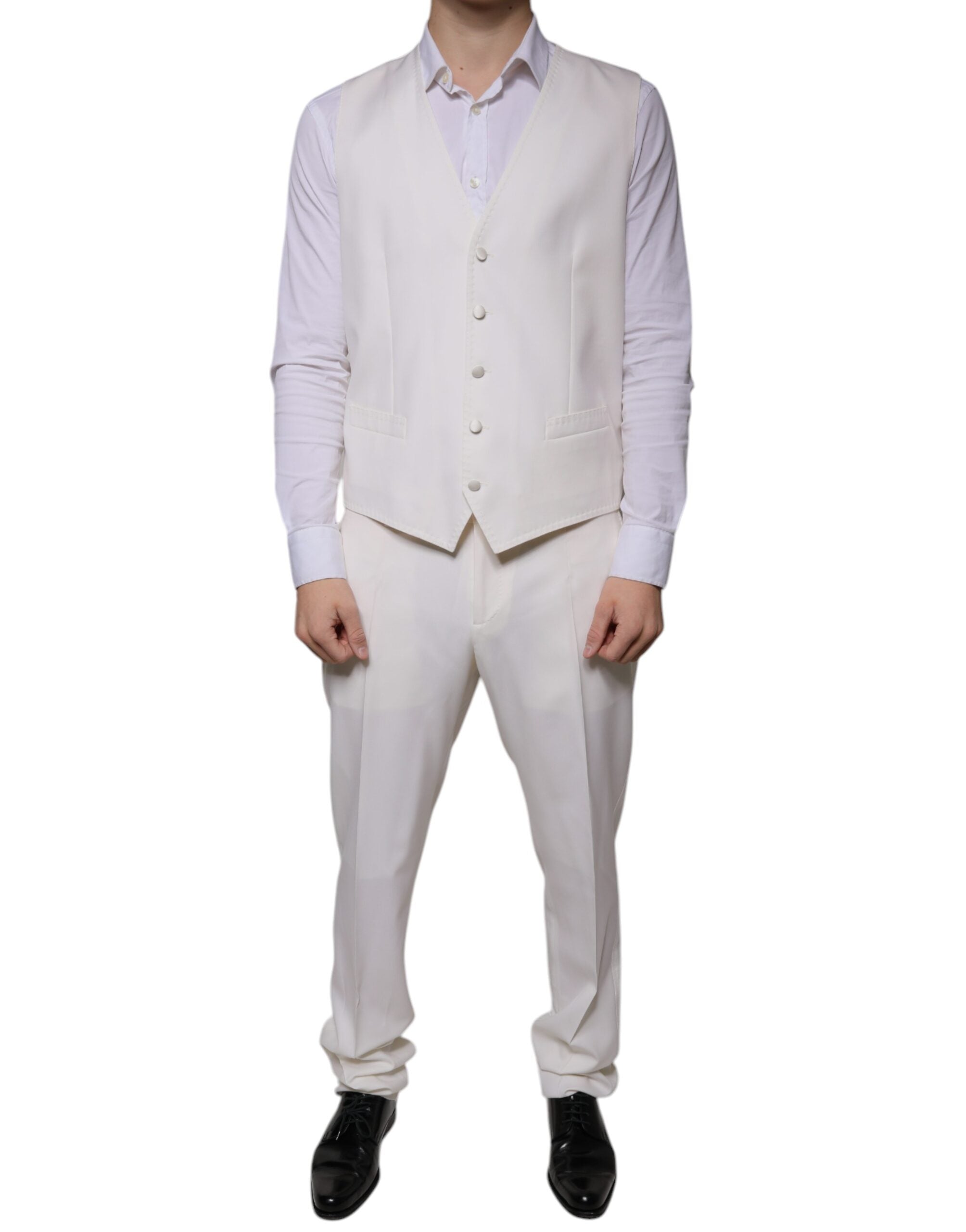 Traje Dolce & Gabbana blanco de corte entallado en lana y seda, 3 piezas, formal-6