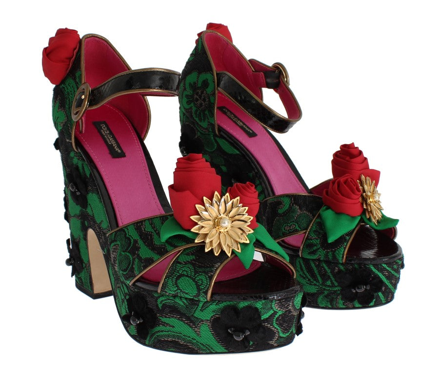 Dolce & Gabbana Green Brocade Snakeskin Rose Crystal Shoes-2