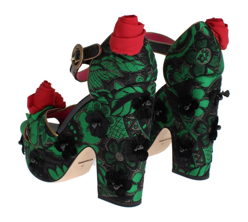Dolce & Gabbana Green Brocade Snakeskin Rose Crystal Shoes-3