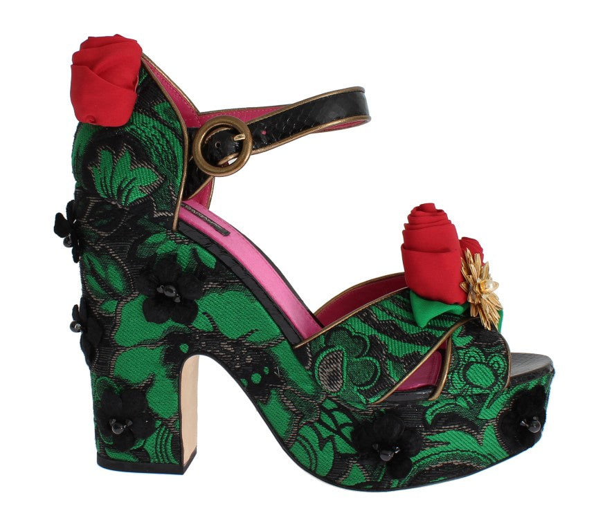 Zapatos Dolce & Gabbana con brocado verde de piel de serpiente y cristales rosas