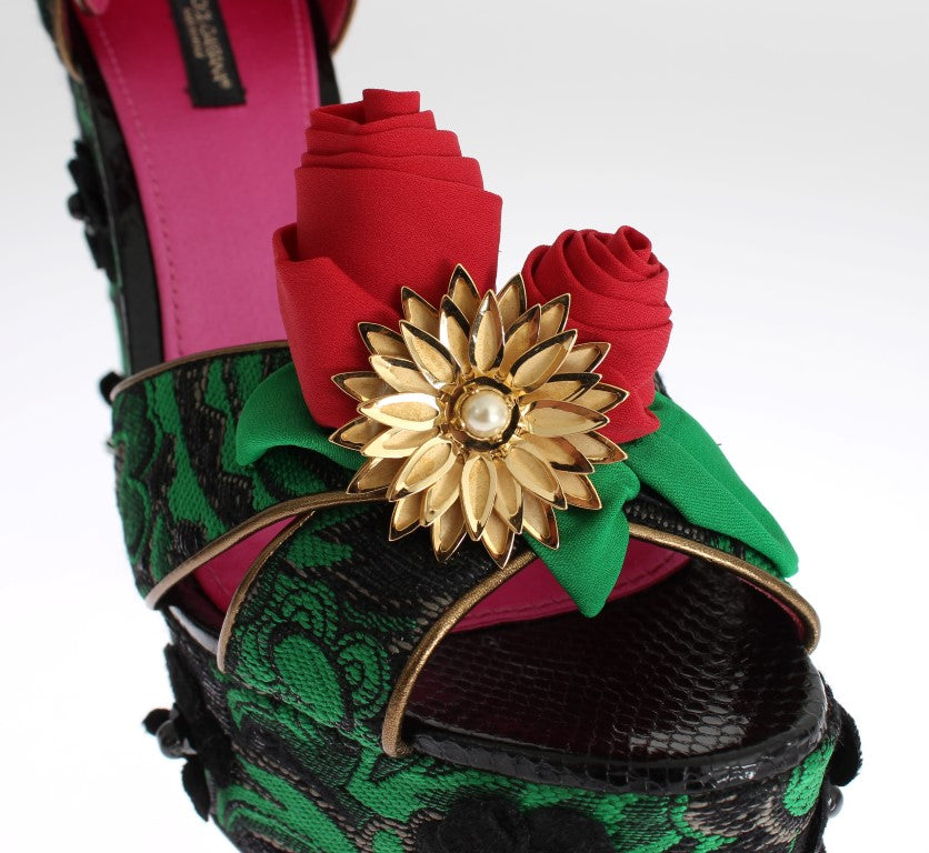 Dolce & Gabbana Green Brocade Snakeskin Rose Crystal Shoes-5