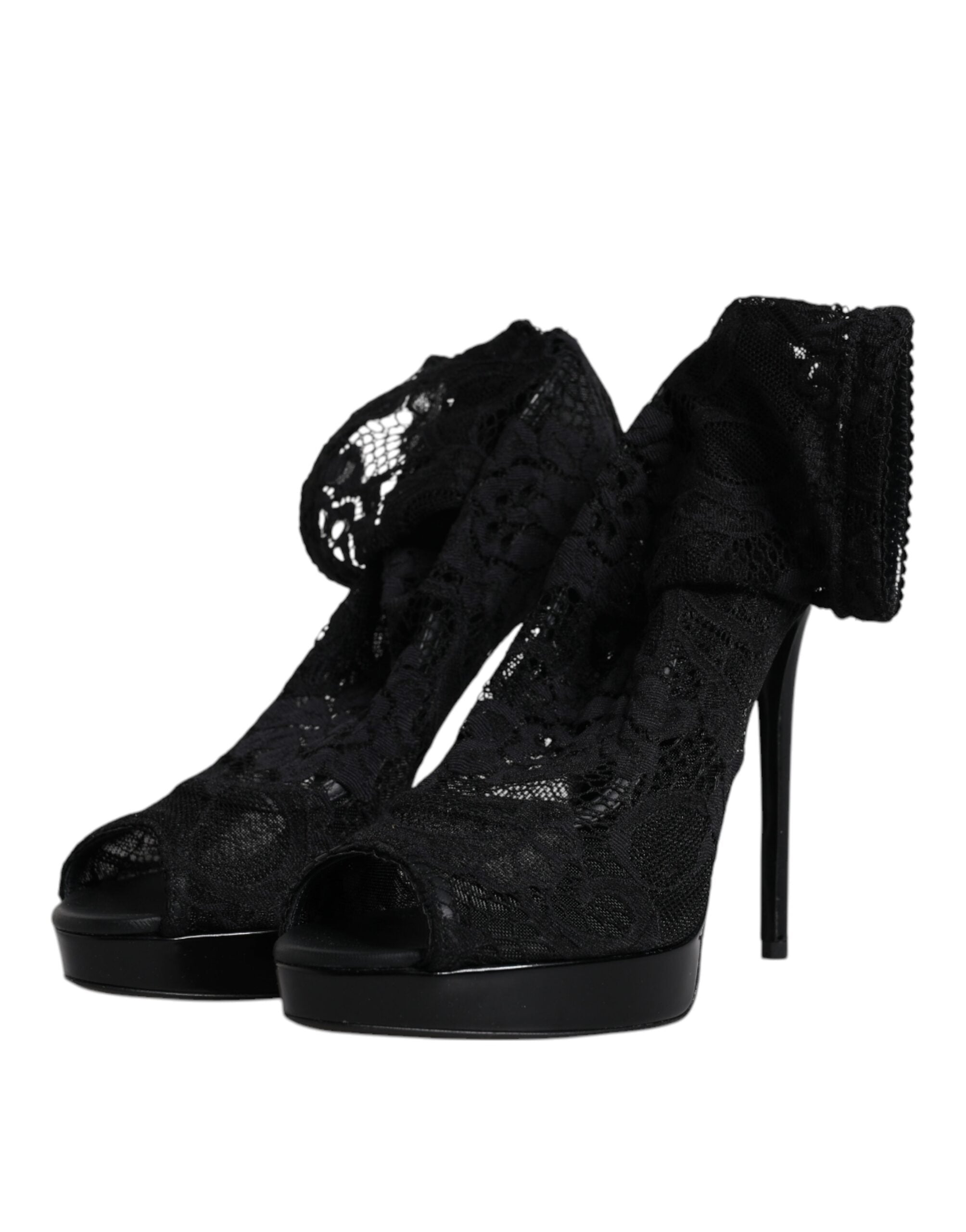 Dolce & Gabbana Schwarz Stretch Taormina Spitze Stiefel Schuhe-4