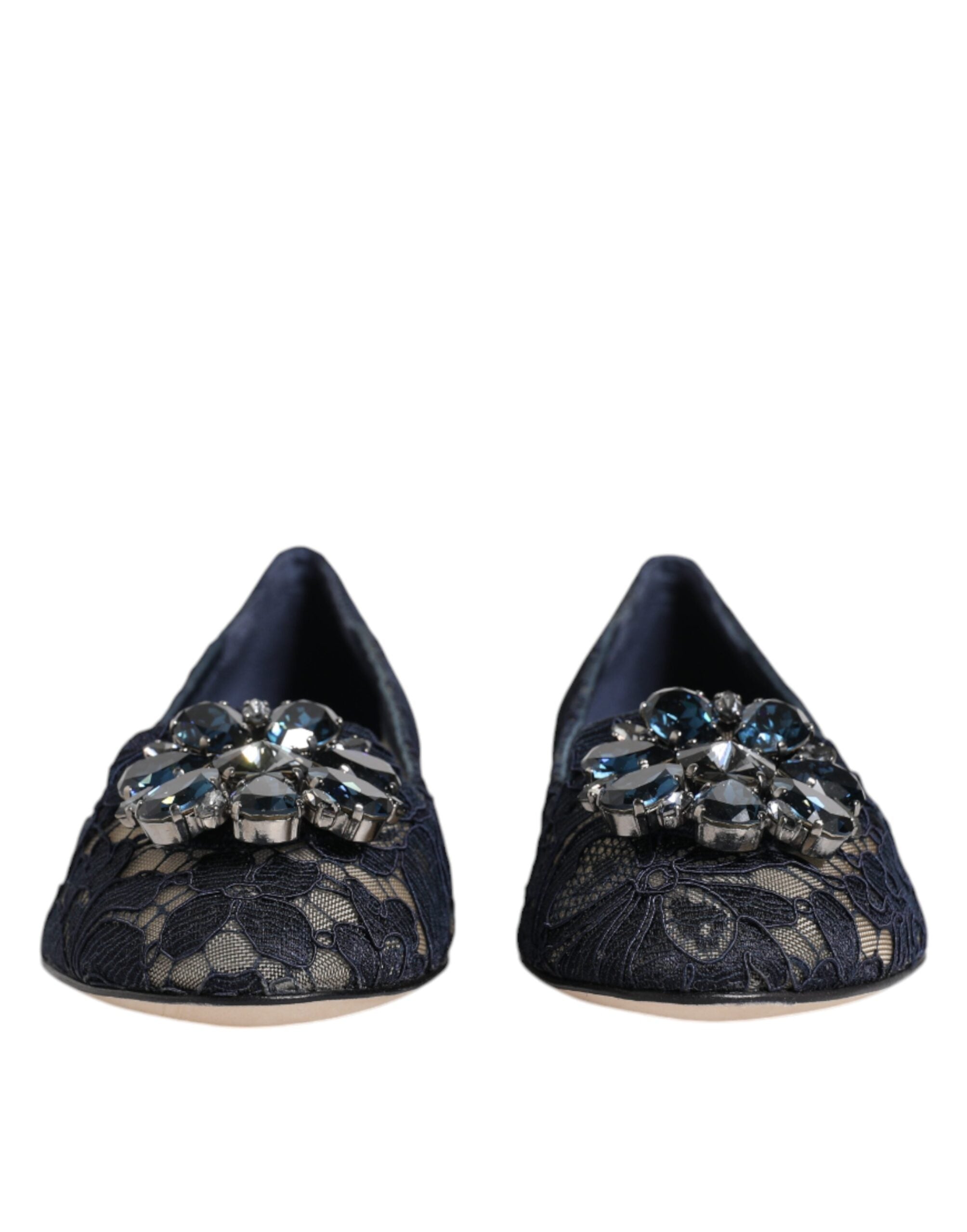 Dolce & Gabbana Blue Taormina Lace Crystal Flats Shoes-2