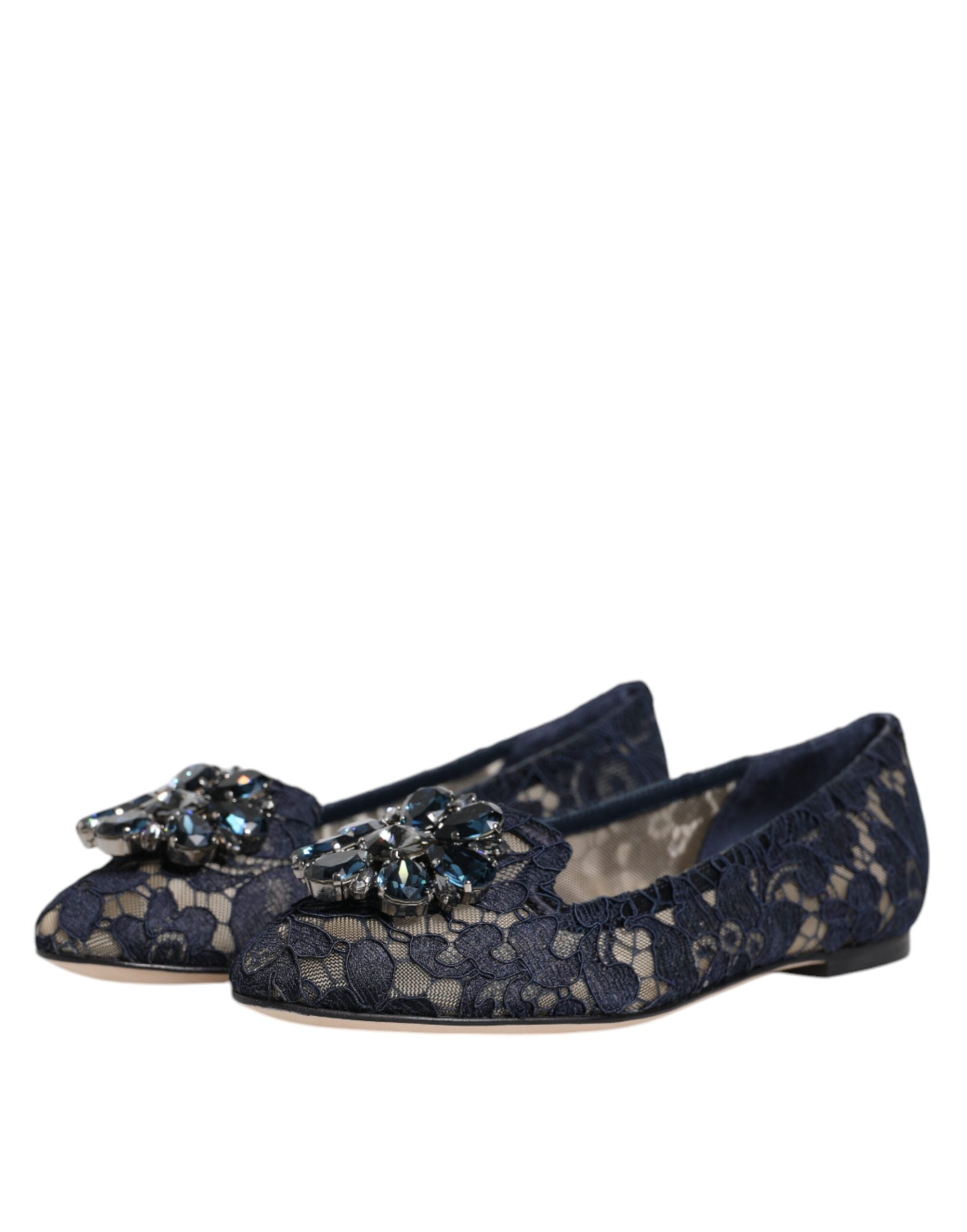 Dolce & Gabbana Blue Taormina Lace Crystal Flats Shoes-4