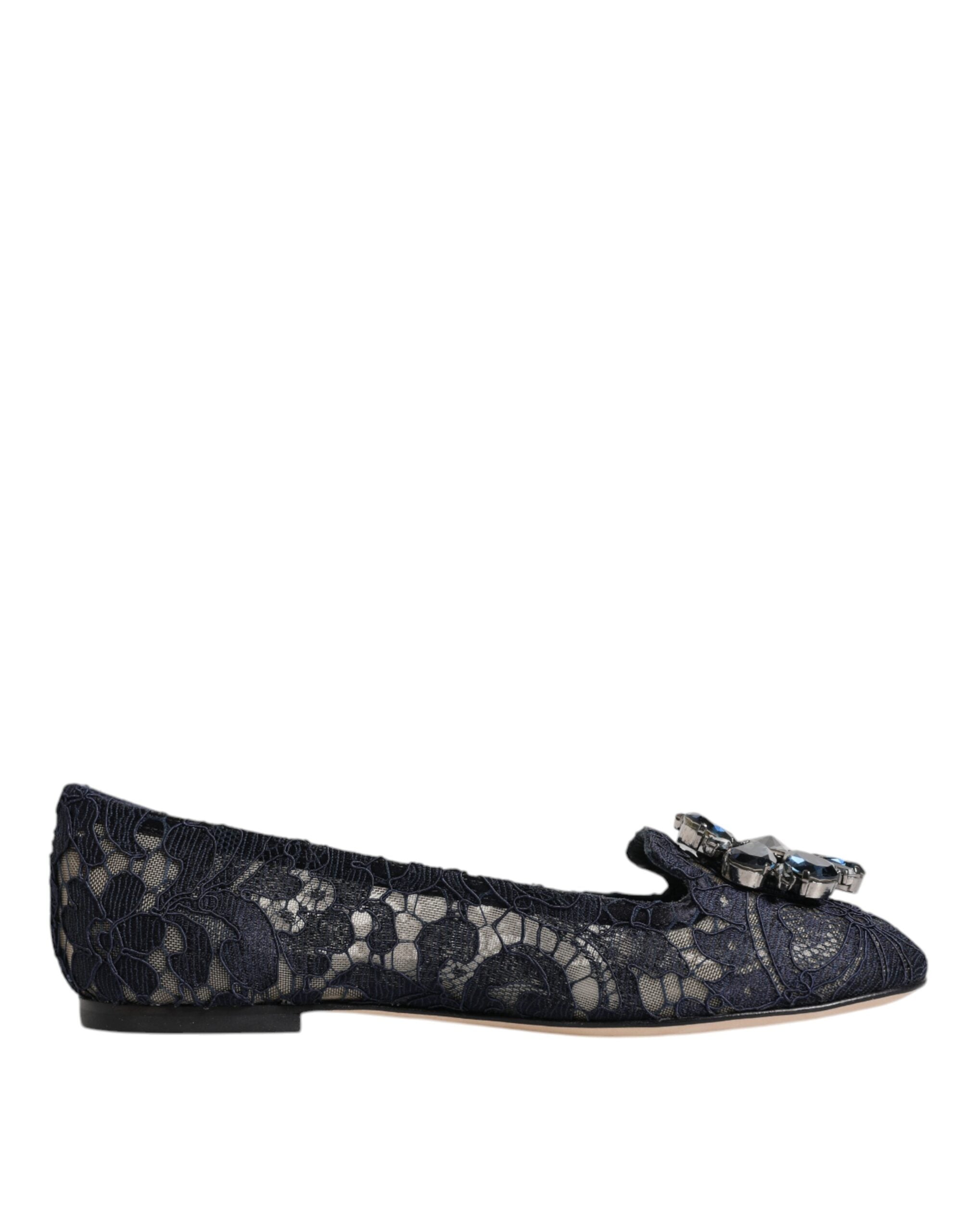 Dolce & Gabbana Blue Taormina Lace Crystal Flats Shoes-7