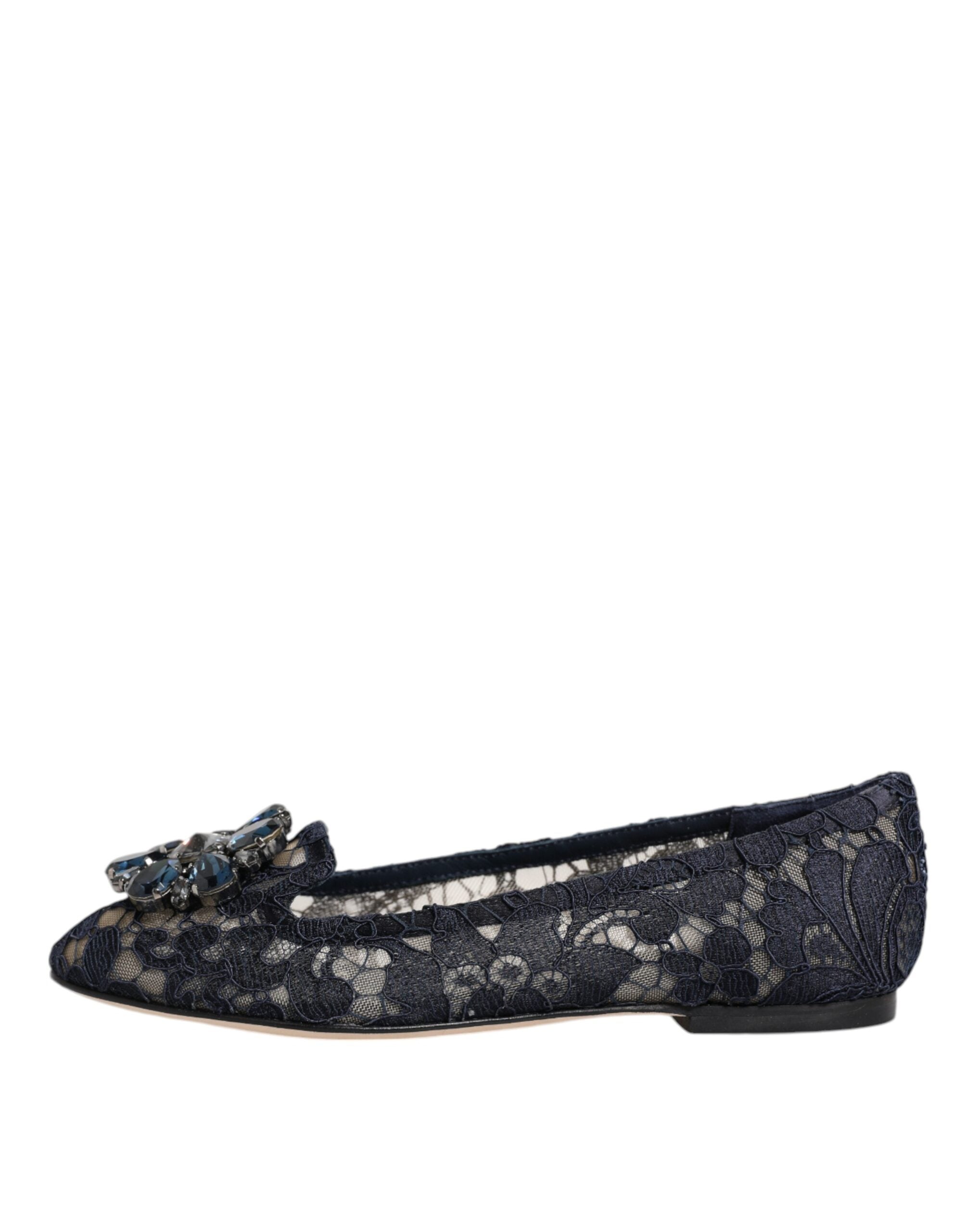 Dolce & Gabbana Blue Taormina Lace Crystal Flats Shoes-8