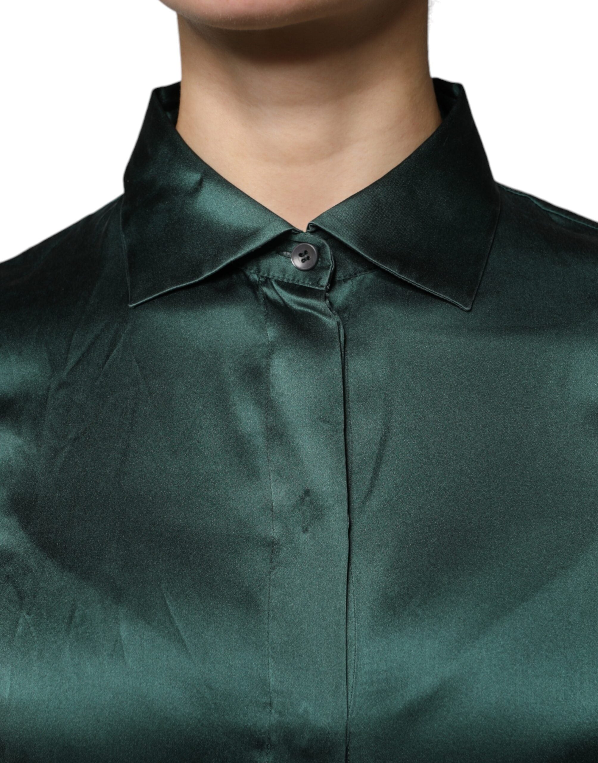 Dolce & Gabbana Dunkelgrünes Seidenblusentop mit langen Ärmeln und Knopfleiste-5