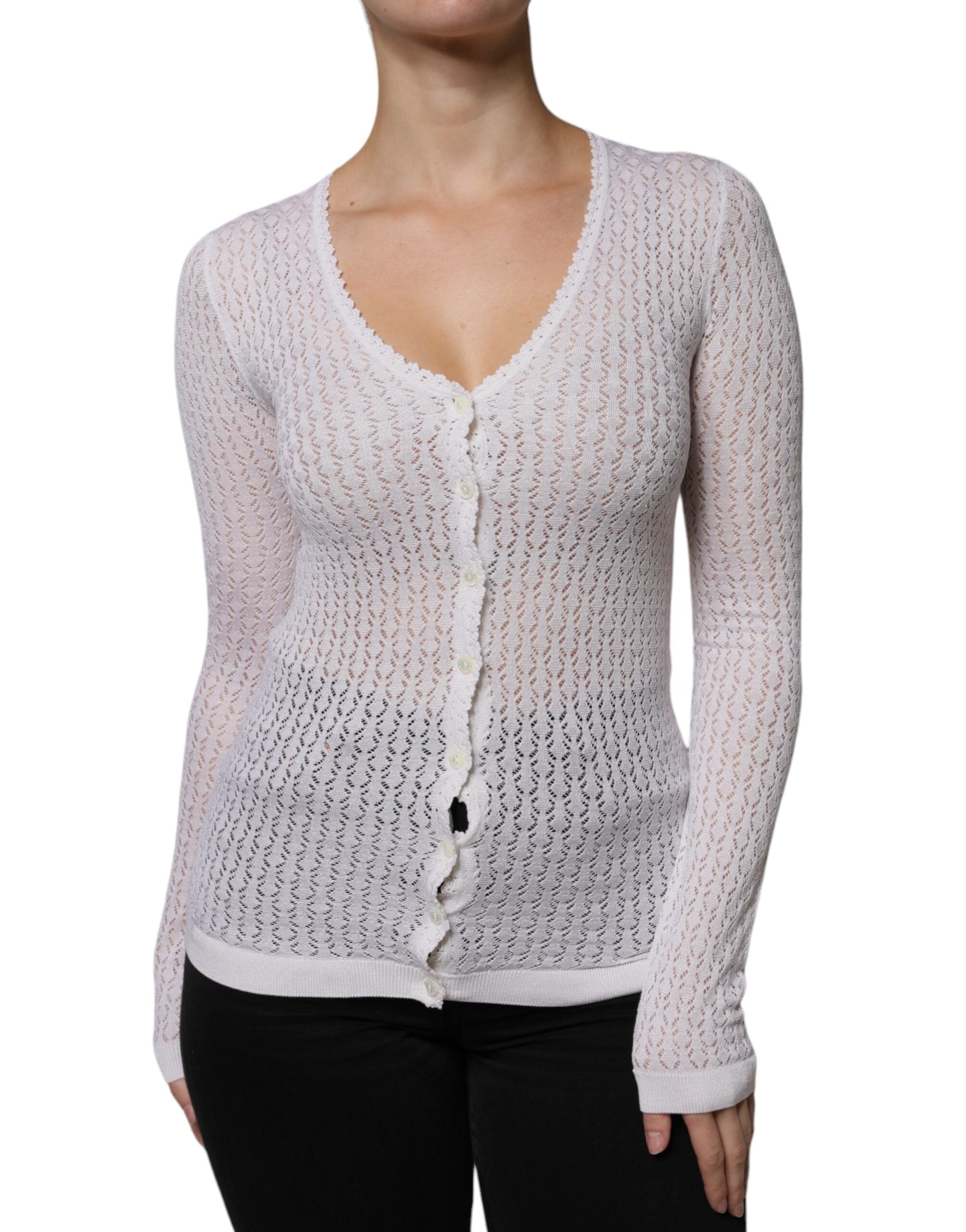 Dolce & Gabbana White Silk Knit Sweater with Button Placket-1