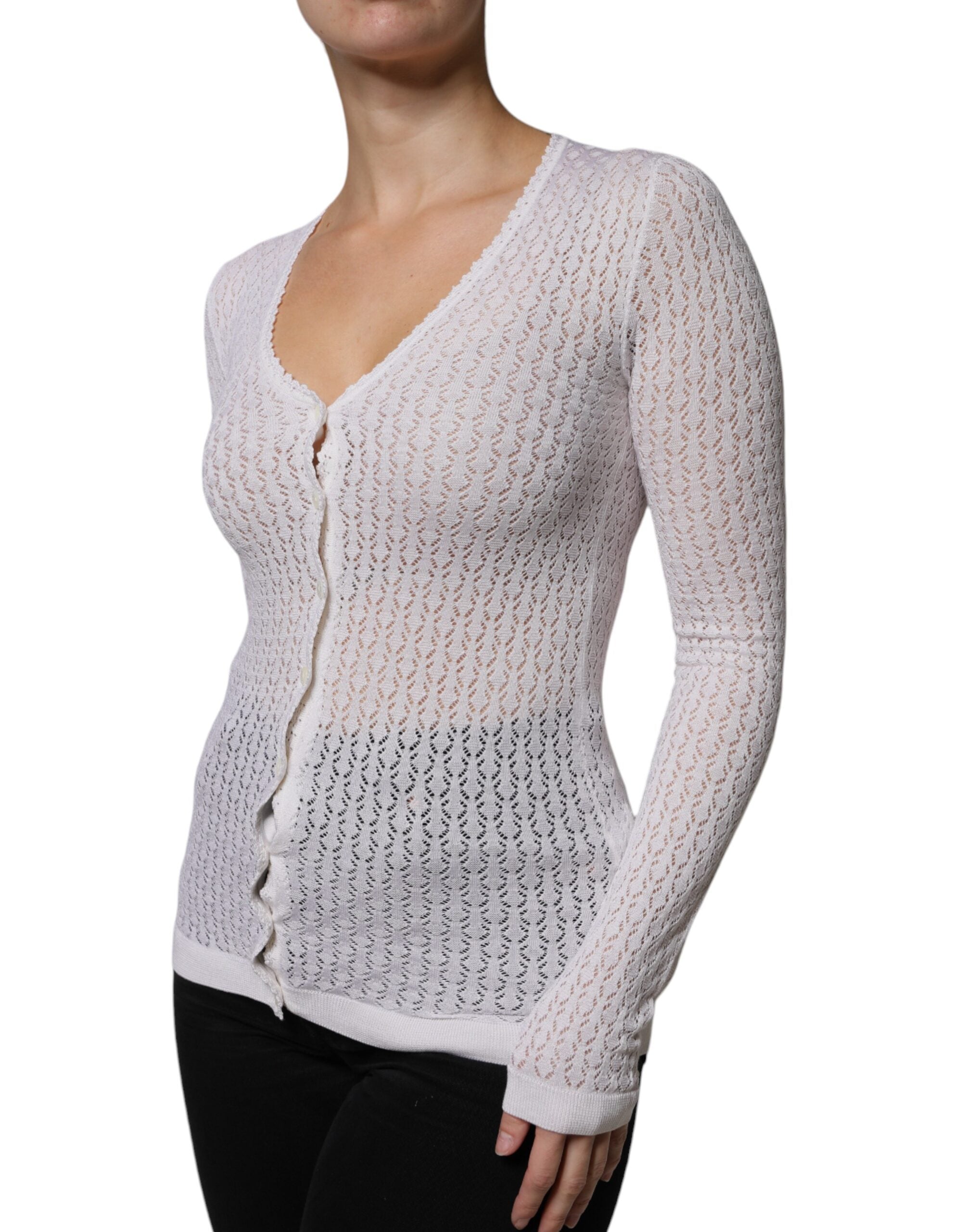 Dolce & Gabbana White Silk Knit Sweater with Button Placket-3